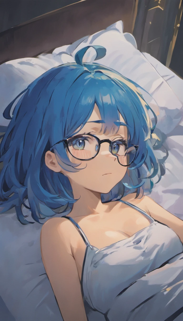 a one-character girl with short, neck-length blue hair, round glasses, nipples, and a black rock shirt. big breasts and big ass, it is covered by a black blanket. She is sleeping lying on a bed.