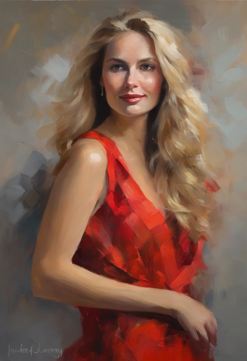 Female portrait, sophisticated beautiful woman, long blond hair, smiling eyes, looking right at camera, low cut red dress, acrylic painting, bold and expressive brushwork, impressionistic style, detailed face, epic gray background, heavy brushstrokes with thick textured paint, expert lighting and shadows, fine art painting, Junyi Liu.