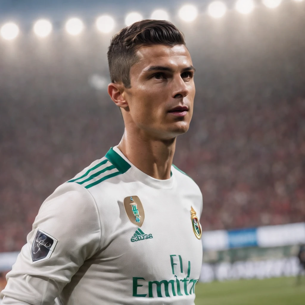 Cristiano Ronaldo, wearing costume from the movie character Flash, UHD, football stadium