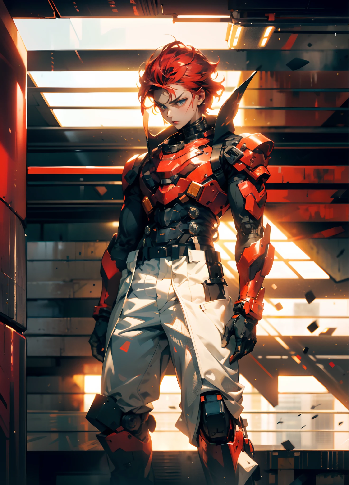 A man with short red-gold hair, hair slicked back, thick and disheveled hair, a cold and ruthless gaze, a confident expression, wears a two-piece futuristic military-style uniform, primarily in shades of white and red, accented by touches of yellow, streamlined wristguard gloves, matching trousers, he stands in a futuristic sci-fi-style hangar housing a colossal mech, stands within a futuristic sci-fi hangar, where a colossal mech is stationed, this character embodies a finely crafted futuristic military officer in anime style, characterized by an exquisite and mature manga illustration art style, high definition, best quality, highres, ultra-detailed, ultra-fine painting, extremely delicate, professional, anatomically correct, symmetrical face, extremely detailed eyes and face, high quality eyes, creativity, RAW photo, UHD, 8k, Natural light, cinematic lighting, masterpiece:1.5