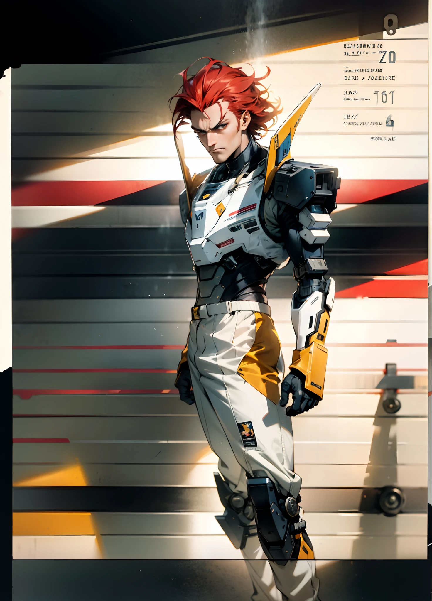 A man with short red-gold hair, hair slicked back, thick and disheveled hair, a cold and ruthless gaze, a confident expression, wears a two-piece futuristic military-style uniform, primarily in shades of white and red, accented by touches of yellow, streamlined wristguard gloves, matching trousers, he stands in a futuristic sci-fi-style hangar housing a colossal mech, stands within a futuristic sci-fi hangar, where a colossal mech is stationed, this character embodies a finely crafted futuristic military officer in anime style, characterized by an exquisite and mature manga illustration art style, high definition, best quality, highres, ultra-detailed, ultra-fine painting, extremely delicate, professional, anatomically correct, symmetrical face, extremely detailed eyes and face, high quality eyes, creativity, RAW photo, UHD, 8k, Natural light, cinematic lighting, masterpiece:1.5