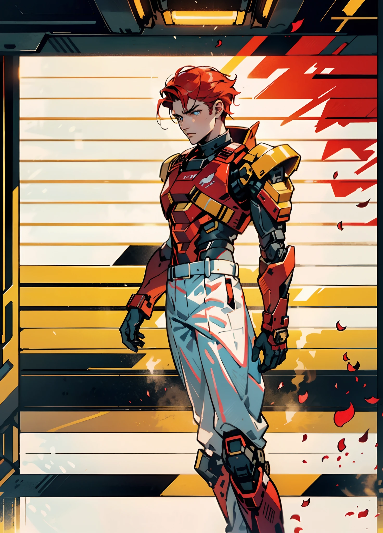 A man with short red-gold hair, hair slicked back, thick and disheveled hair, a cold and ruthless gaze, a confident expression, wears a two-piece futuristic military-style uniform, primarily in shades of white and red, accented by touches of yellow, streamlined wristguard gloves, matching trousers, he stands in a futuristic sci-fi-style hangar housing a colossal mech, stands within a futuristic sci-fi hangar, where a colossal mech is stationed, this character embodies a finely crafted futuristic military officer in anime style, characterized by an exquisite and mature manga illustration art style, high definition, best quality, highres, ultra-detailed, ultra-fine painting, extremely delicate, professional, anatomically correct, symmetrical face, extremely detailed eyes and face, high quality eyes, creativity, RAW photo, UHD, 8k, Natural light, cinematic lighting, masterpiece:1.5