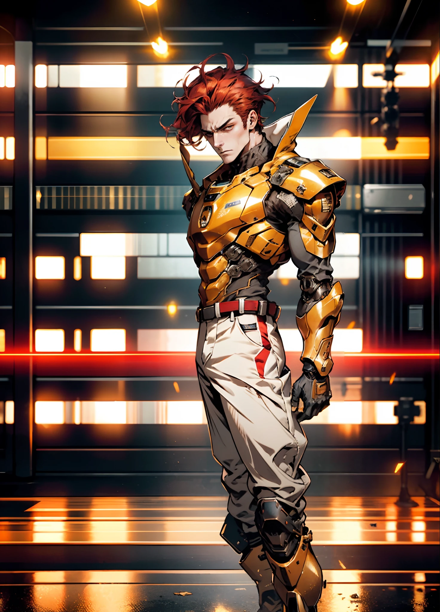 A man with short red-gold hair, hair slicked back, thick and disheveled hair, a cold and ruthless gaze, a confident expression, wears a two-piece futuristic military-style uniform, primarily in shades of white and red, accented by touches of yellow, streamlined wristguard gloves, matching trousers, he stands in a futuristic sci-fi-style hangar housing a colossal mech, stands within a futuristic sci-fi hangar, where a colossal mech is stationed, this character embodies a finely crafted futuristic military officer in anime style, characterized by an exquisite and mature manga illustration art style, high definition, best quality, highres, ultra-detailed, ultra-fine painting, extremely delicate, professional, anatomically correct, symmetrical face, extremely detailed eyes and face, high quality eyes, creativity, RAW photo, UHD, 8k, Natural light, cinematic lighting, masterpiece:1.5