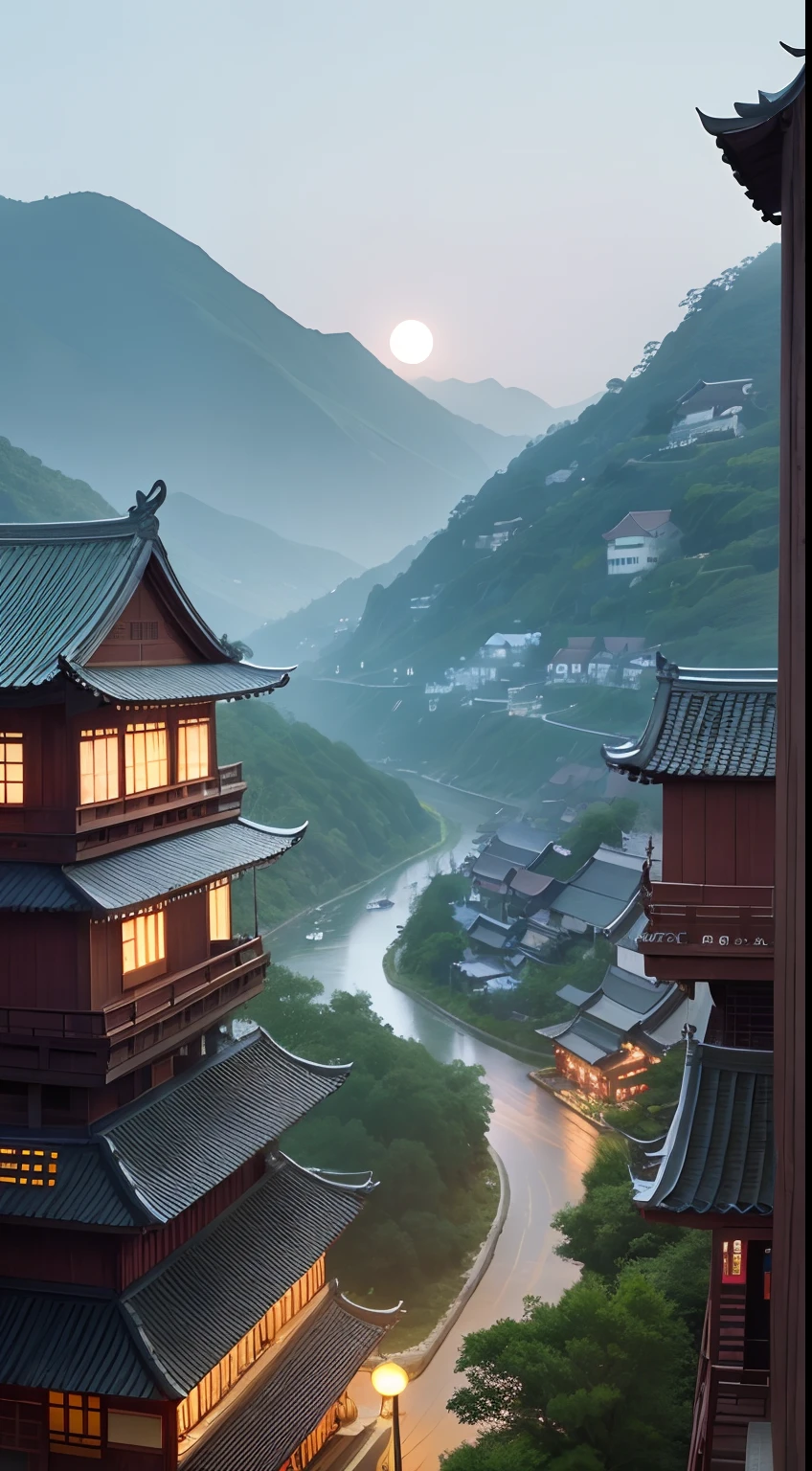 A traditional Chinese town,hometown,moon full