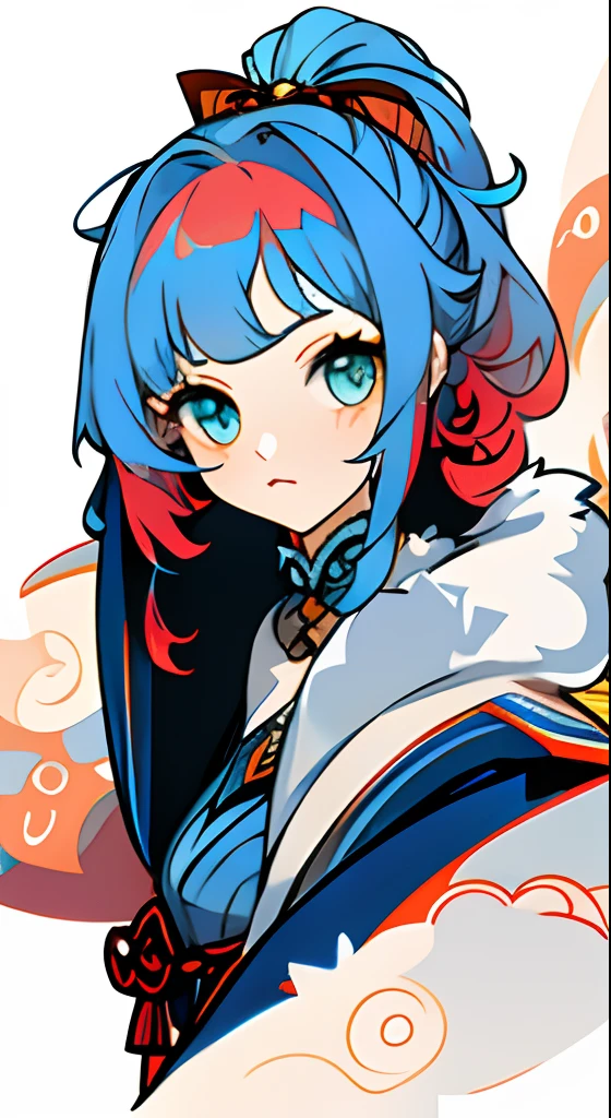 GenshinAvatar, (Girl with blue hair and crimson eyes:1.4), High_in detail, illustartion, portraite of a, (((tmasterpiece))),(((beste-Qualit))), simple_Background, A girl with a high blue tail to her shoulders and a calm face, beatiful face, illustartion, 1 girl, sly look, Majestic view (multi-colored hair, Hair gradient, Hair color from blue to peach, without bangs, curly curl on the cheek, hairstyle: high ponytail, long tail), The eyes are crimson-red, Environment change scene, big breastes, Regular, (Traditional blue costume, Clothing of a northern character, fur, Layering of clothes, Small Blue Gemstones, white patterns on the fabric in the form of stars) Hydro Eye of God