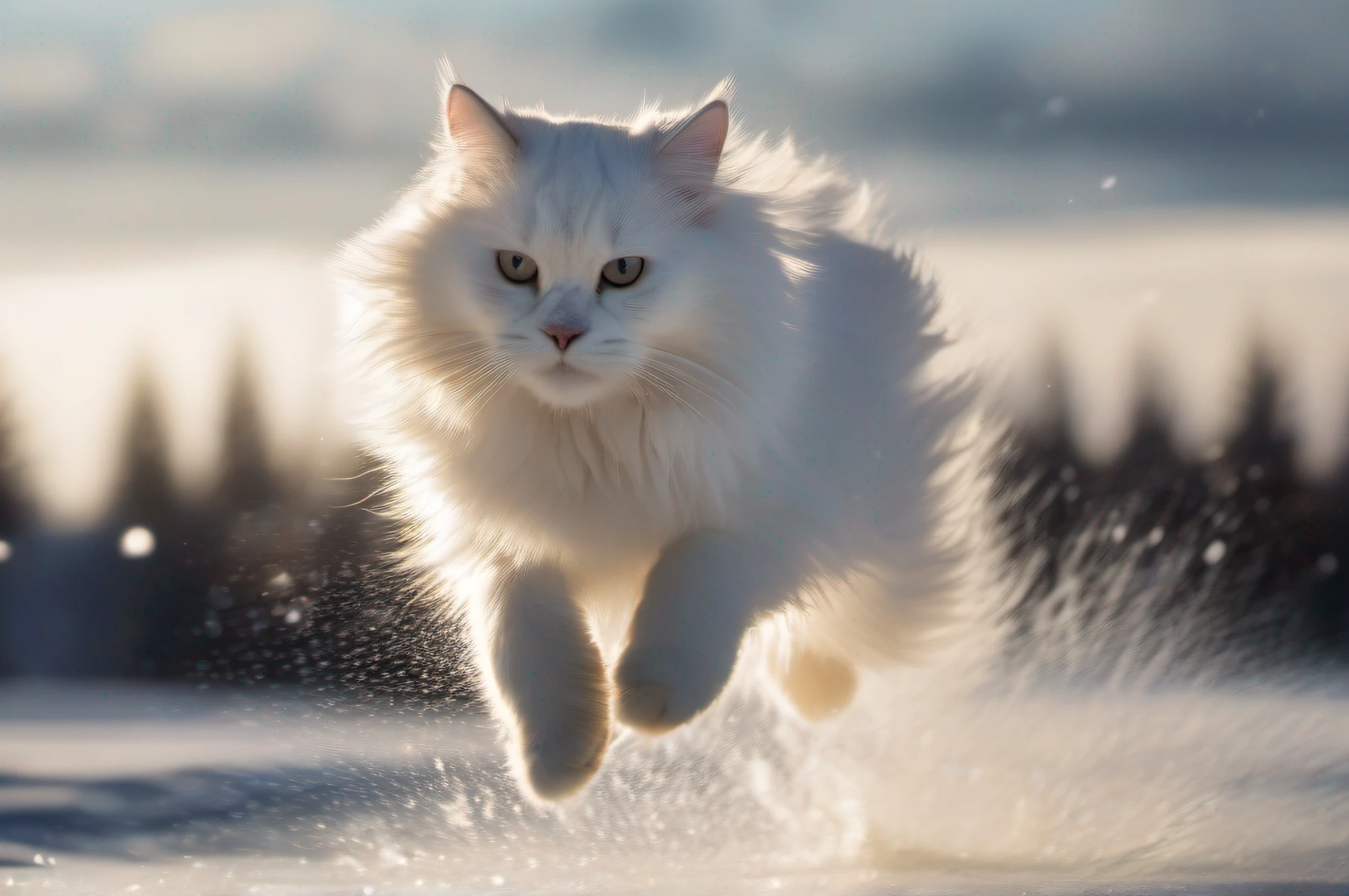 A large white adorable snow white fluffy fury cat jumping across a puddle of water on snowy surface, its fur flowing in breeze, sunlight reflecting through the fur, , beautiful snowy land, Alaskan background, Nature photography, raking light. Captured by Panasonic GH7