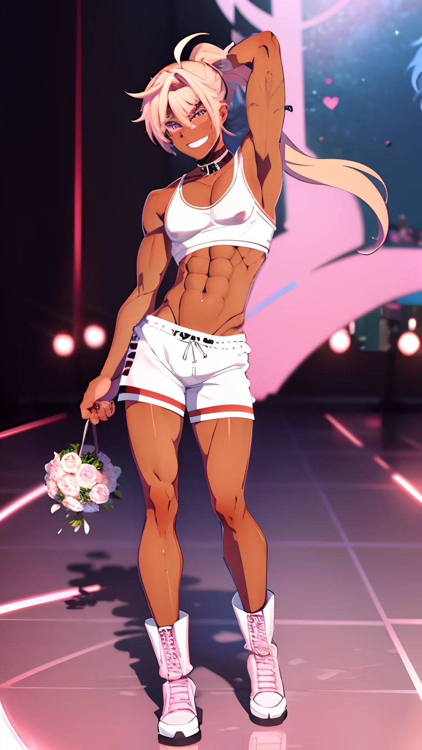 masterpiece, best quality,(( 1boy:1.1)), solo, ((Tan_Skin:1.2)),long_hair, from top, cheeky smile, Dynamic Sexy pose, panorama, perspective, looking_at_viewer, bangs, shorts, shirt, long white hair with rose pink streaks, ponytail, hair streaks, white _china dress with heart cutout, crop top, choker, black_Short, pink_eyes , pink_bow, white Boots, , full body, night Stage, Pop star, neon trim