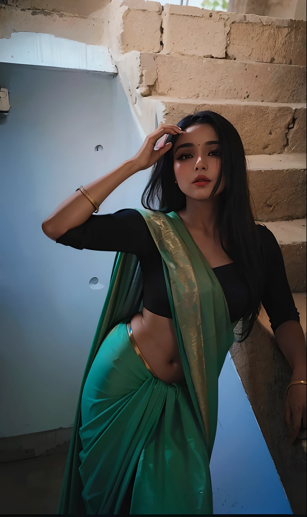 there is a woman in a sari posing for a picture, wearing a sari, dressed in a sari, wearing sari, provocative indian, attractive pose, posing, very seductive pose, sari, stylish pose, seductive pose, doing an elegant pose, posing elegantly over the camera, wearing a steampunk sari, indian super model, traditional beauty, indian, beautiful pose
