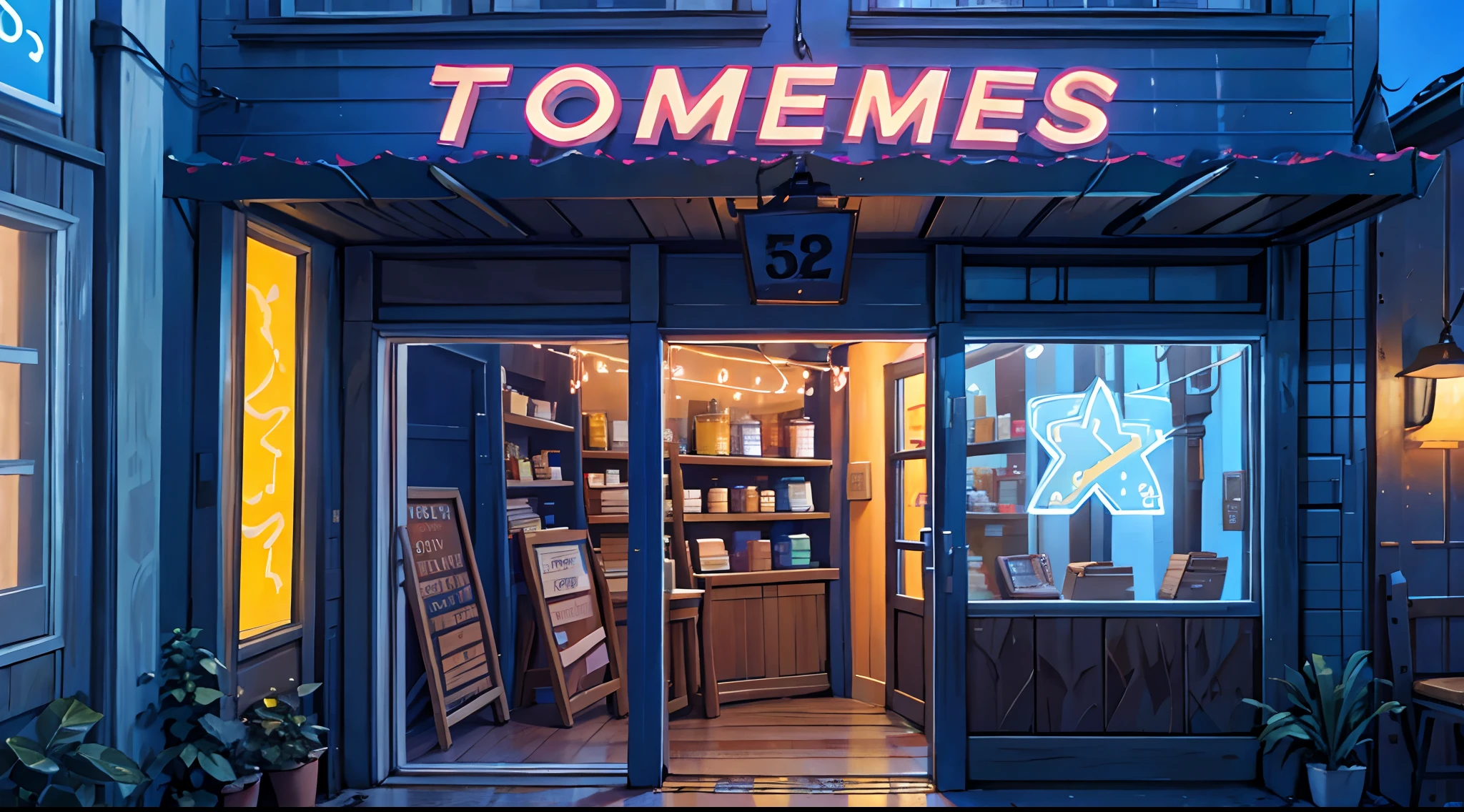 Night view of Funny Times storefront in the most remote corner of town. The store is made of wood and decorated with bright colors and colorful lights. There is a large sign above the entrance that reads "Funny Times Store" in bright letters. Far view.