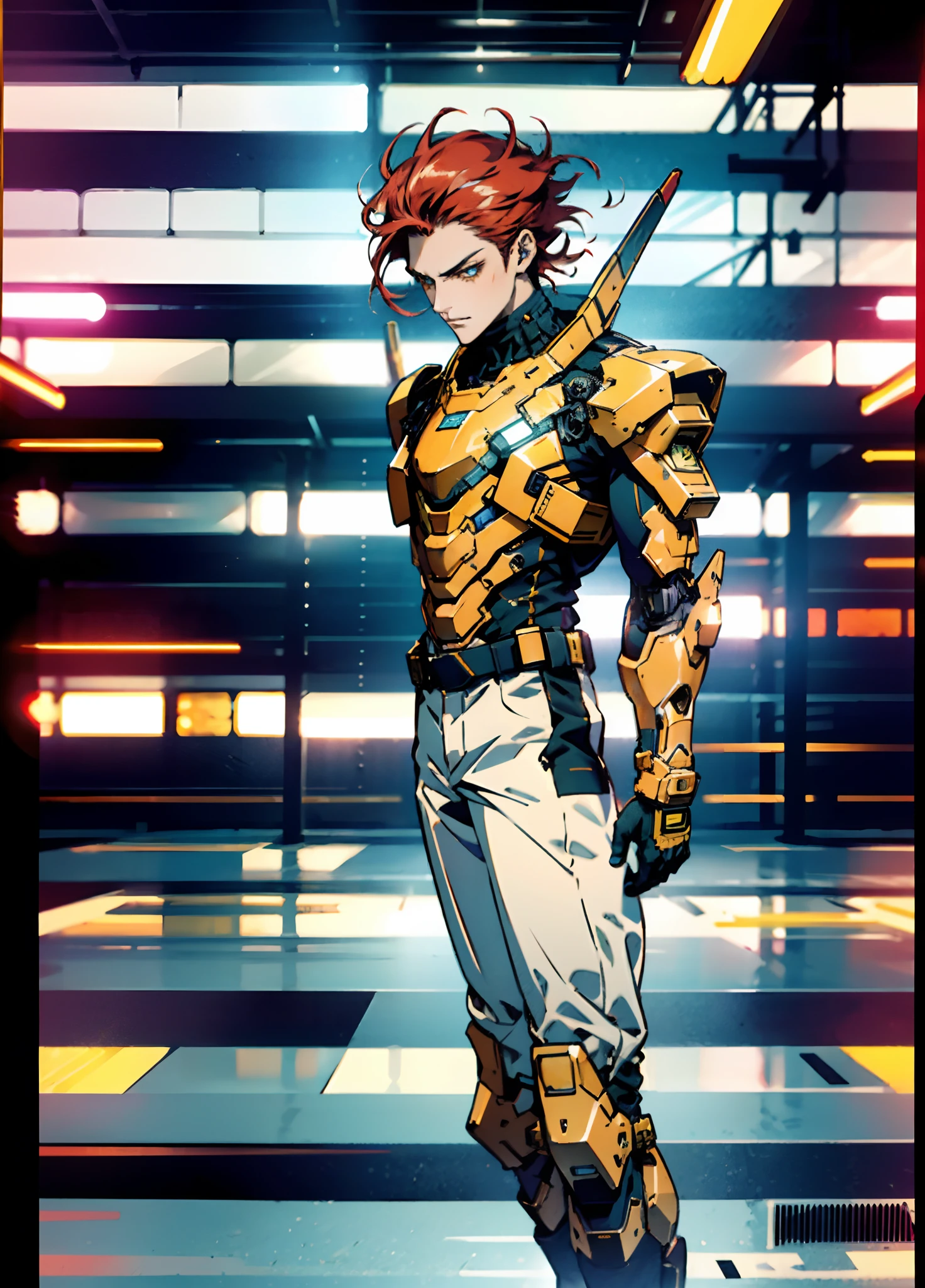 A man with short red-gold hair, hair slicked back, thick and disheveled hair, a cold and ruthless gaze, a confident expression, wears a two-piece futuristic military-style uniform, primarily in shades of white and red, accented by touches of yellow, streamlined wristguard gloves, matching trousers, he stands in a futuristic sci-fi-style hangar housing a colossal mech, stands within a futuristic sci-fi hangar, where a colossal mech is stationed, this character embodies a finely crafted futuristic military officer in anime style, characterized by an exquisite and mature manga illustration art style, high definition, best quality, highres, ultra-detailed, ultra-fine painting, extremely delicate, professional, anatomically correct, symmetrical face, extremely detailed eyes and face, high quality eyes, creativity, RAW photo, UHD, 8k, Natural light, cinematic lighting, masterpiece:1.5