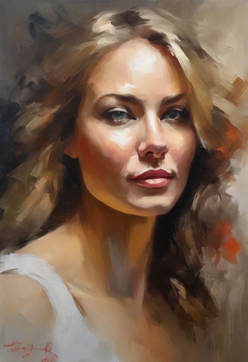 Female portrait, seductively attractive beautiful woman, long blond hair, smiling eyes, looking right at camera, low cut red dress, acrylic painting, bold and expressive brushwork, impressionistic style, detailed face, epic gray to white background, heavy brushstrokes with thick textured paint, expert lighting and shadows, fine art painting, Junyi Liu.