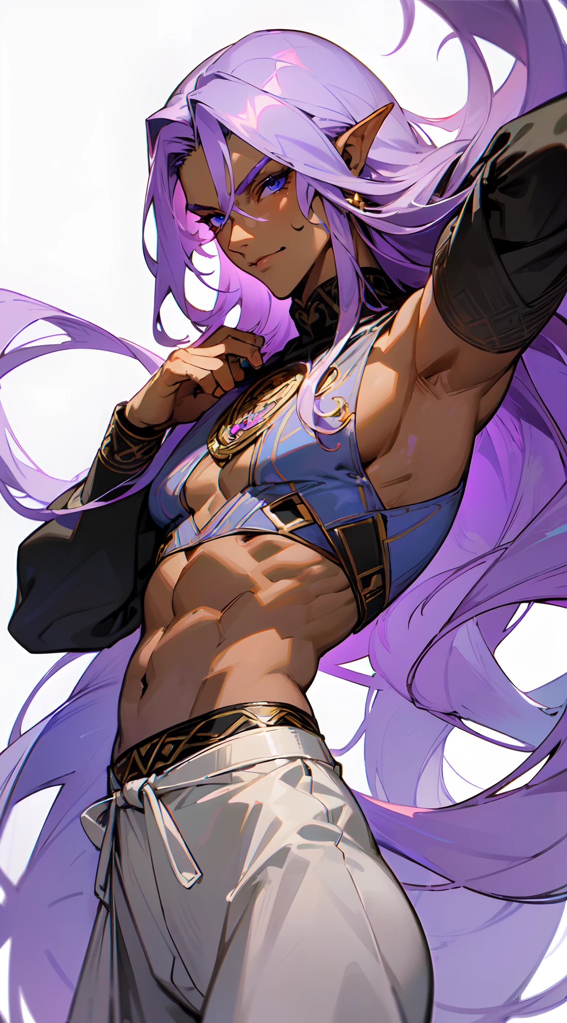 realistic, (masterpiece, top quality, best quality, official art, beautiful and aesthetic:1.2), extremely detailed,fractal art,colorful,highest detailed,zentangle,(white background:1.3), close up head shot , ((Beautiful man:1)) , ((Dark skin:1.5)) , (( Extremely long hair)) , ((light purple hair)) , ((male:1.4)) , full lips , blue eyes , ((has pointed ears:1)) , ((Crop top:1)) , ((Skinny build)) ,effeminate , age 32, ((Beautiful man:1)) , ((Dark skin:1.5)) , (( Extremely long hair)) , (light purple hair)) , ((male:1.4)) , full lips , blue eyes , ((has pointed ears:1)) , ((Crop top:1)) , ((Skinny build)) ,effeminate , full long eyelashes , age 32
Wearing a black crop top , loose sleeves , over sized bows