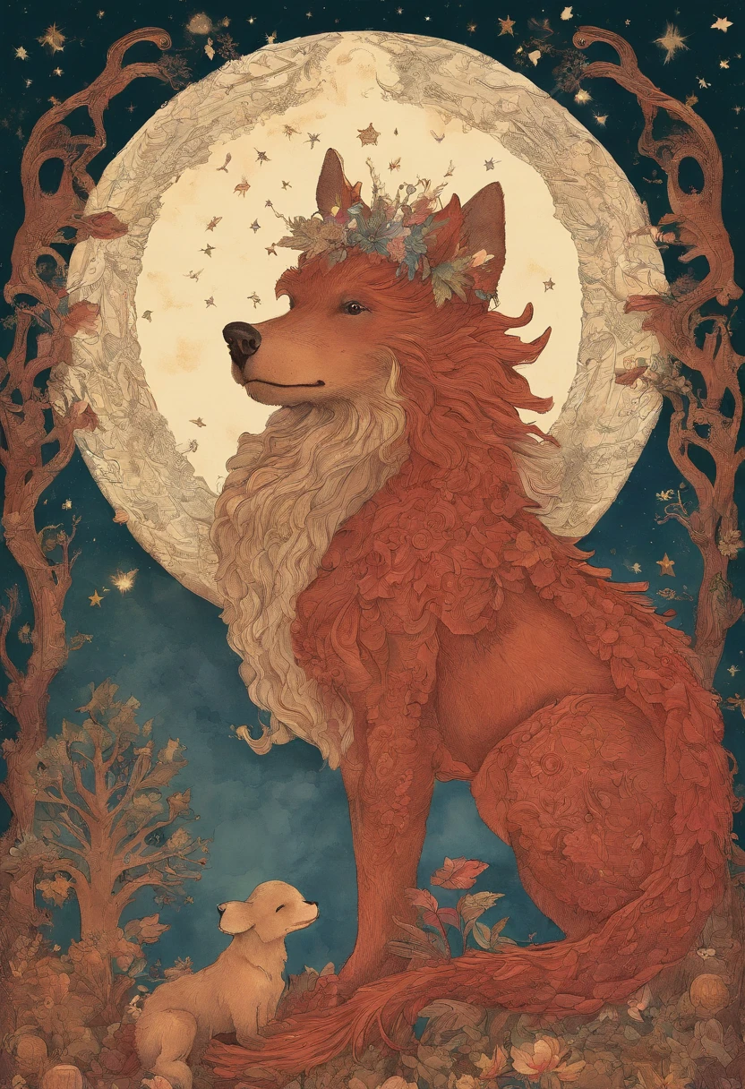 Cielo estrellado, nubes, trees, luna, warm colours, dog Bear with brownish red dragon headdress.