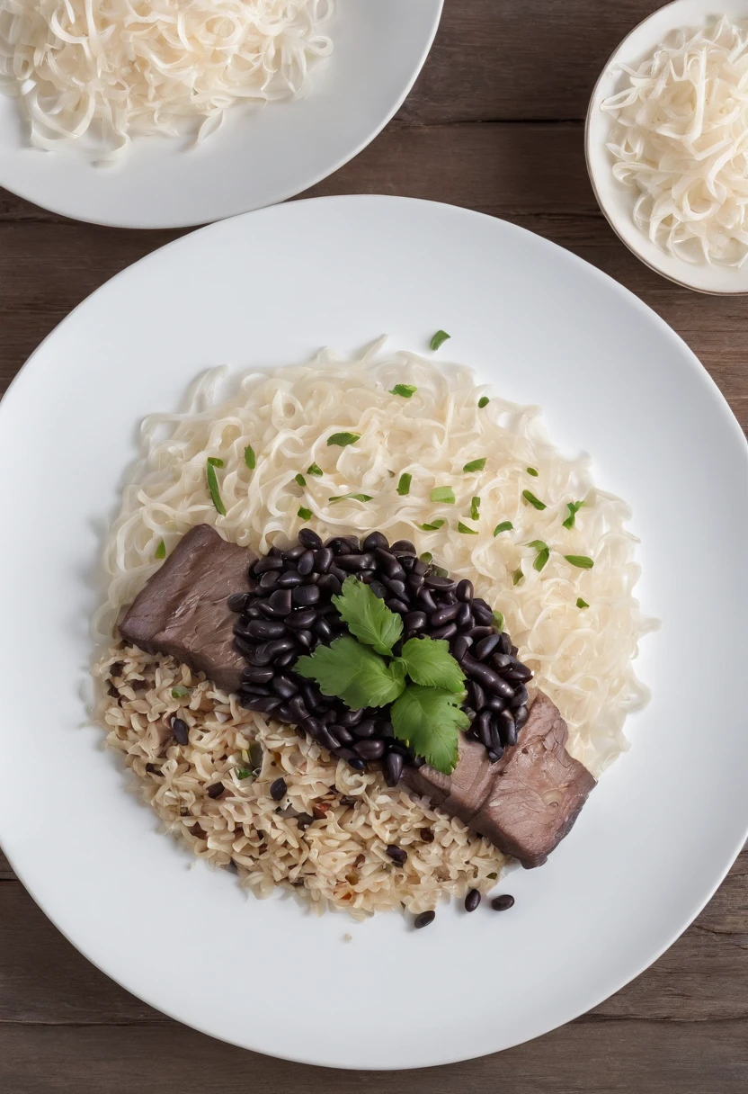 Here is a photo of a delicious dish with black beans, arroz branco, an onion steak and white noodles, tudo isso em cima de uma mesa com uma toalha branca.