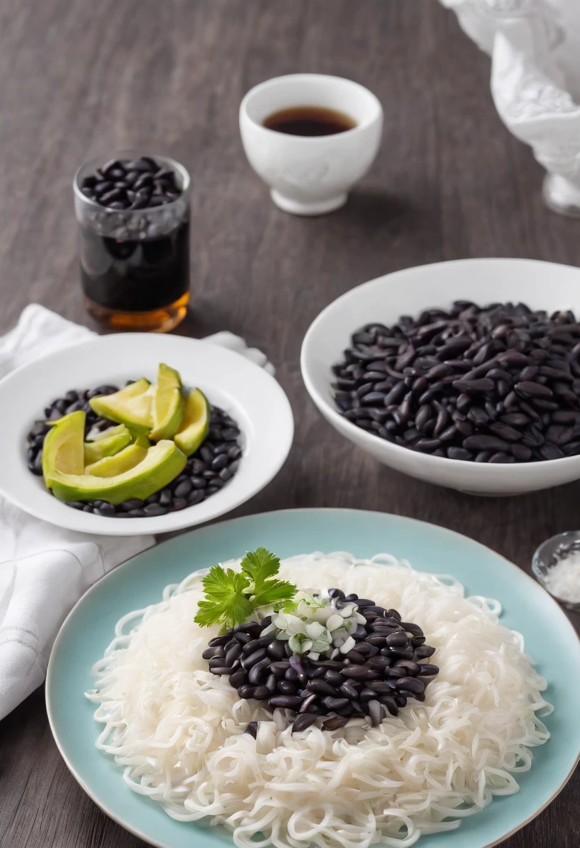 Here is a photo of a delicious dish with black beans, arroz branco, an onion steak and white noodles, tudo isso em cima de uma mesa com uma toalha branca.