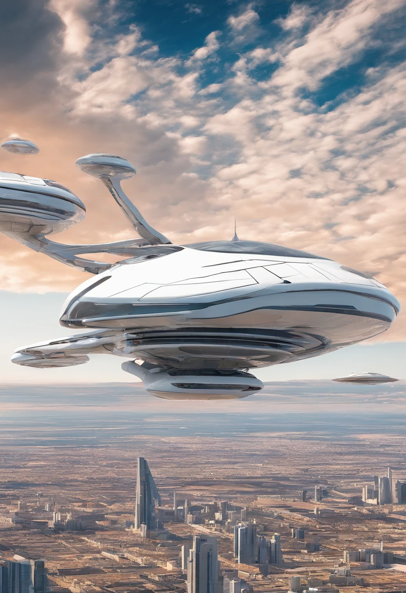 Close-up of futuristic flying machine in the sky, spaceship in the sky, Very futuristic, flying cars, Flying vehicles, futuristic and ethereal, alien spaceship in the sky, futuristic spaceship, Ultra-futuristic, flying scifi vehicle, Majestic and futuristic, futuristic vehicle, utopian space ship, flying cars, futuristic starship, futuristic vehicle, futuristic design, Futuristic, floating vehicle