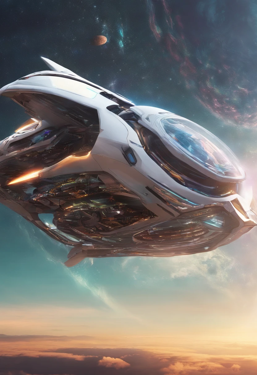 Close-up of futuristic flying machine in the sky, spaceship in the sky, Very futuristic, flying cars, Flying vehicles, futuristic and ethereal, alien spaceship in the sky, futuristic spaceship, Ultra-futuristic, flying scifi vehicle, Majestic and futuristic, futuristic vehicle, utopian space ship, flying cars, futuristic starship, futuristic vehicle, futuristic design, Futuristic, floating vehicle