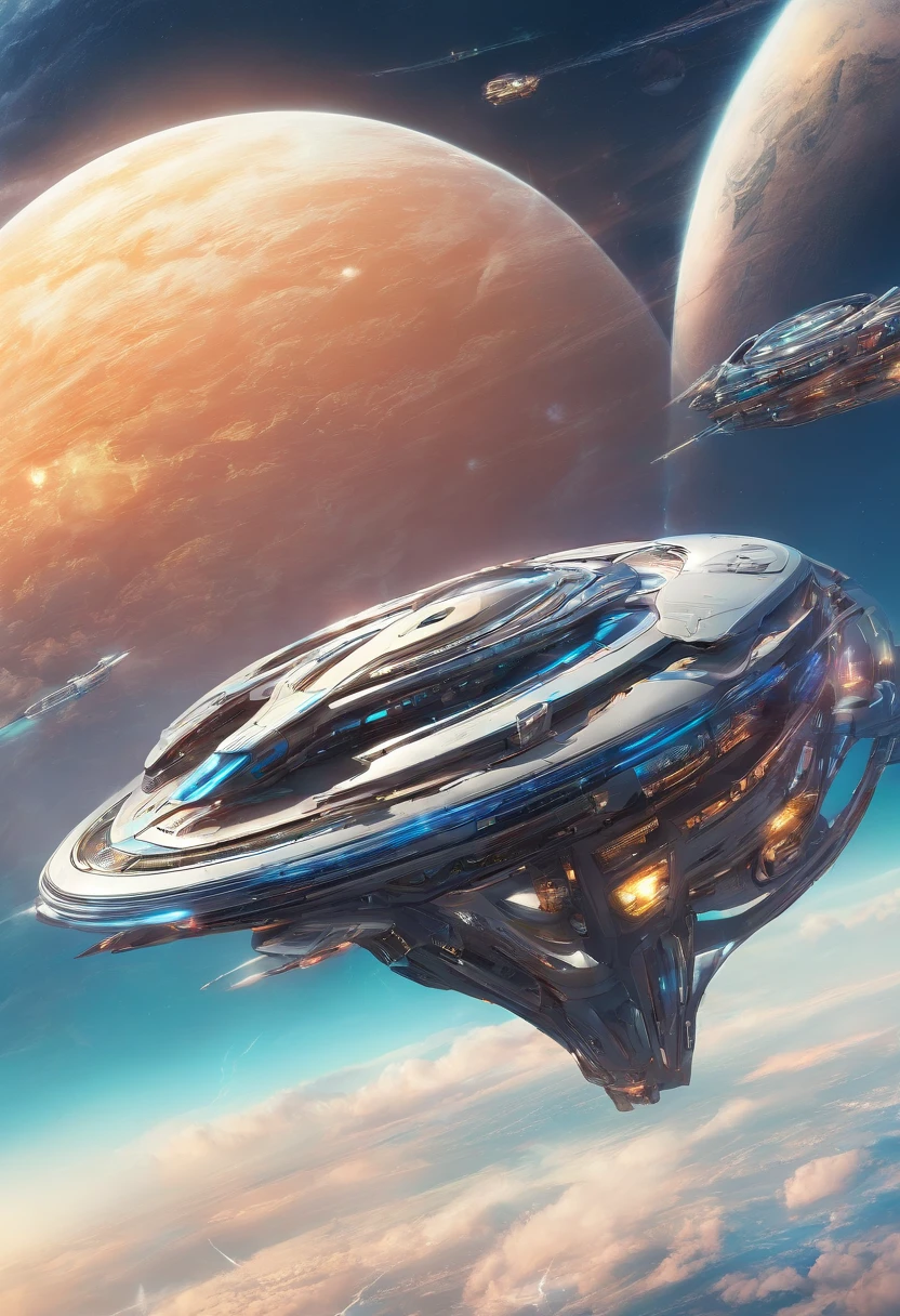 Close-up of futuristic flying machine in the sky, spaceship in the sky, Very futuristic, flying cars, Flying vehicles, futuristic and ethereal, alien spaceship in the sky, futuristic spaceship, Ultra-futuristic, flying scifi vehicle, Majestic and futuristic, futuristic vehicle, utopian space ship, flying cars, futuristic starship, futuristic vehicle, futuristic design, Futuristic, floating vehicle