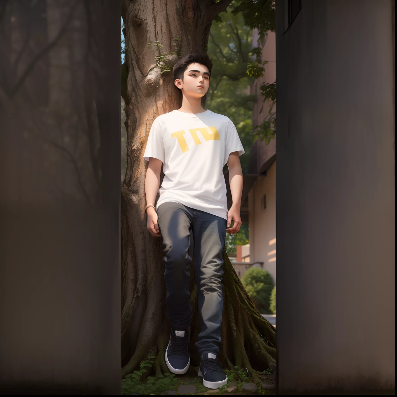 there is a 18 year old boy standing next to a tree with a t - shirt on, casual photography, chilling, with a tall tree, in tshirt, with a cool pose, photograpgy, scenary, with lovely look, full body photogenic shot, candid picture, at college, eyelevel!!! view!!! photography, full body picture, taken with the best dlsr camera