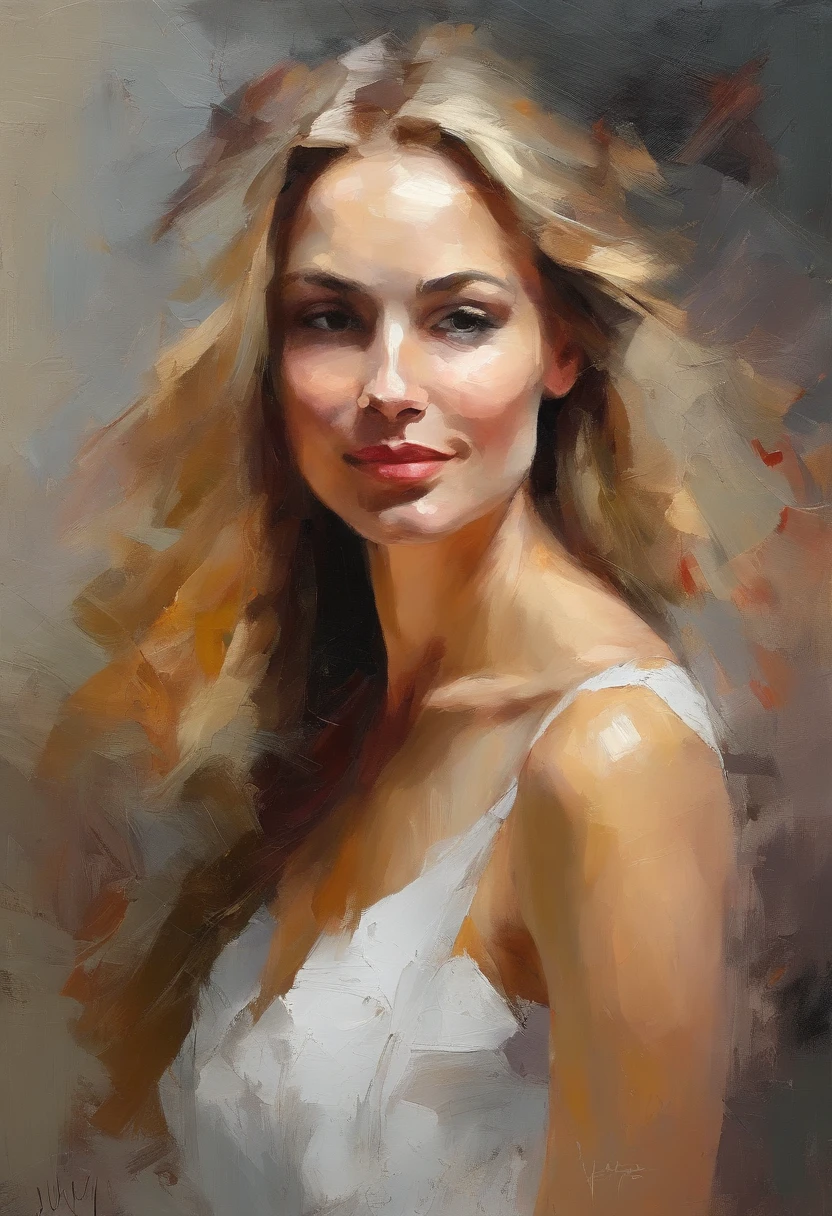 Nude Female portrait, very beautiful woman, long auburn hair, smiling eyes, looking right at the point of view, white see through shirt, cleavage, erect breast ,acrylic painting, bold and expressive brushwork with thick textured paint, impressionistic style, very fine detailed face, epic background, background frames the woman on top and sides, expert lighting and shadows, fine art painting, Junyi Liu.