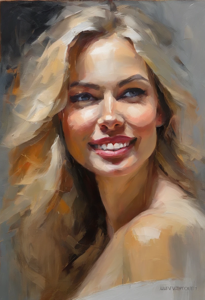 Female portrait, seductively attractive beautiful woman, long blond hair, smiling eyes, looking right at camera, low cut white dress, acrylic painting, bold and expressive brushwork, impressionistic style, detailed face, epic gray to red background, heavy brushstrokes with thick textured paint, expert lighting and shadows, fine art painting, Junyi Liu.