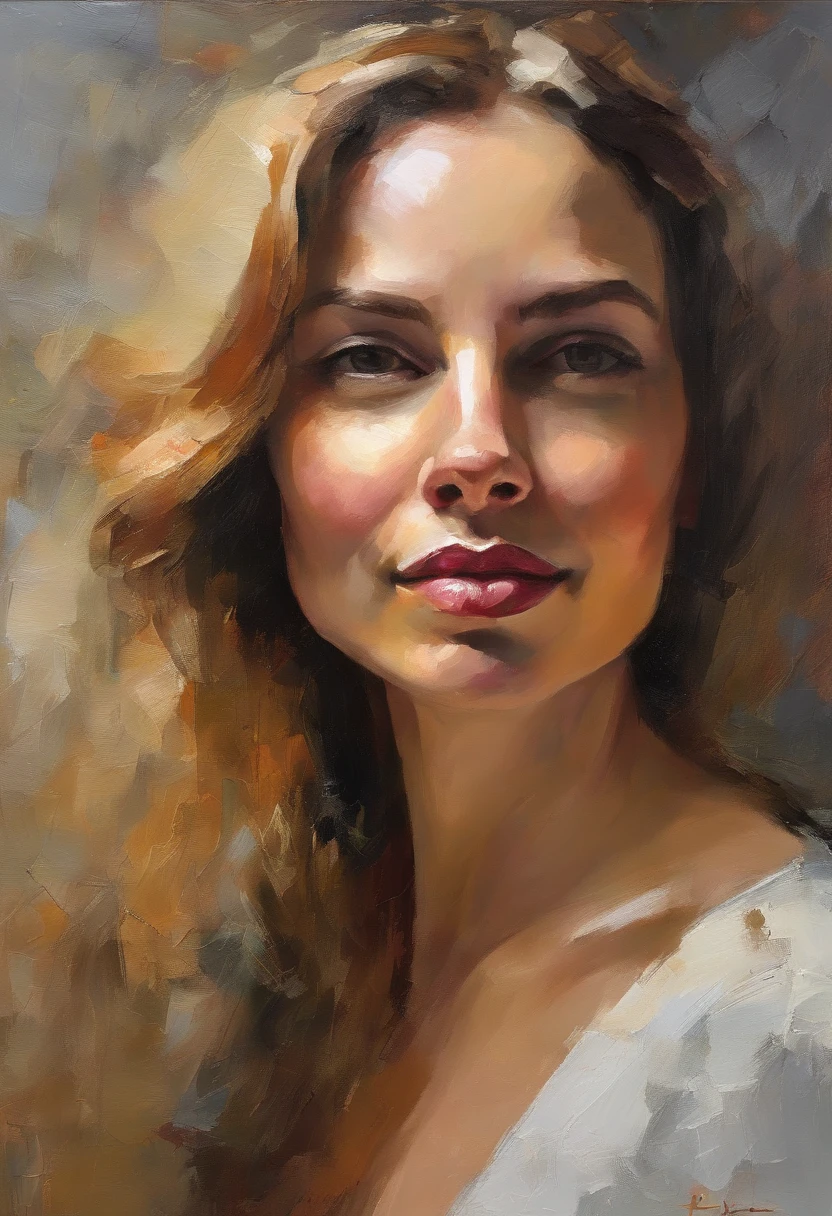 Female portrait, seductively attractive beautiful woman, long blond hair, smiling eyes, looking right at camera, low cut white dress, acrylic painting, bold and expressive brushwork, impressionistic style, detailed face, epic gray to red background, heavy brushstrokes with thick textured paint, expert lighting and shadows, fine art painting, Junyi Liu.