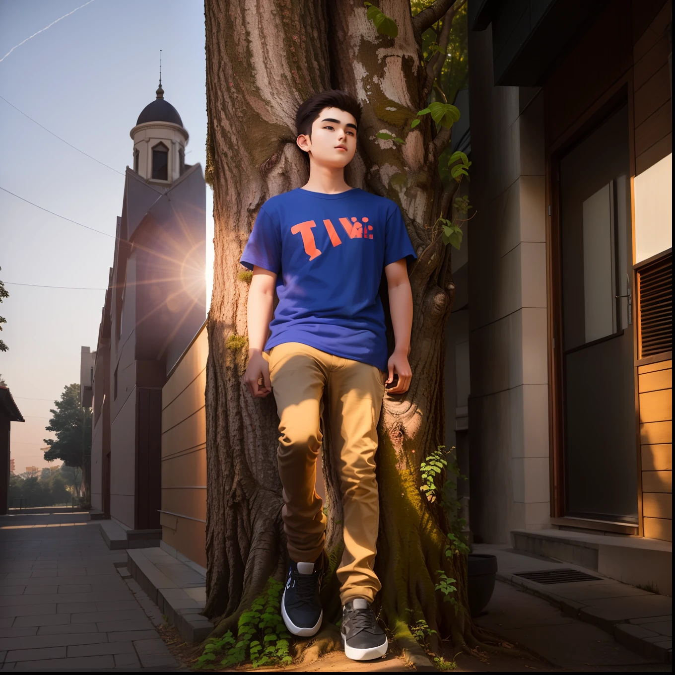 there is a 18 year old boy standing next to a tree with a t - shirt on, casual photography, chilling, with a tall tree, in tshirt, with a cool pose, photograpgy, scenary, with lovely look, full body photogenic shot, candid picture, at college, eyelevel!!! view!!! photography, full body picture, taken with the best dlsr camera
