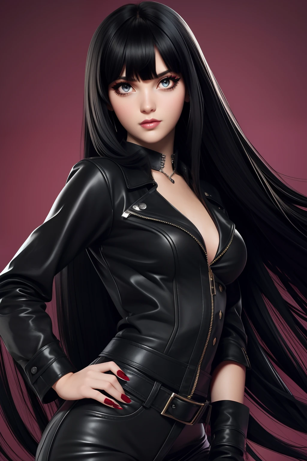 R.1), wlop, 1girl, black gloves, black open jacket, character request, comment, earrings, double v, jewelry, hair channel, front pose, looking forward, half look, perfect flowing hair, solo