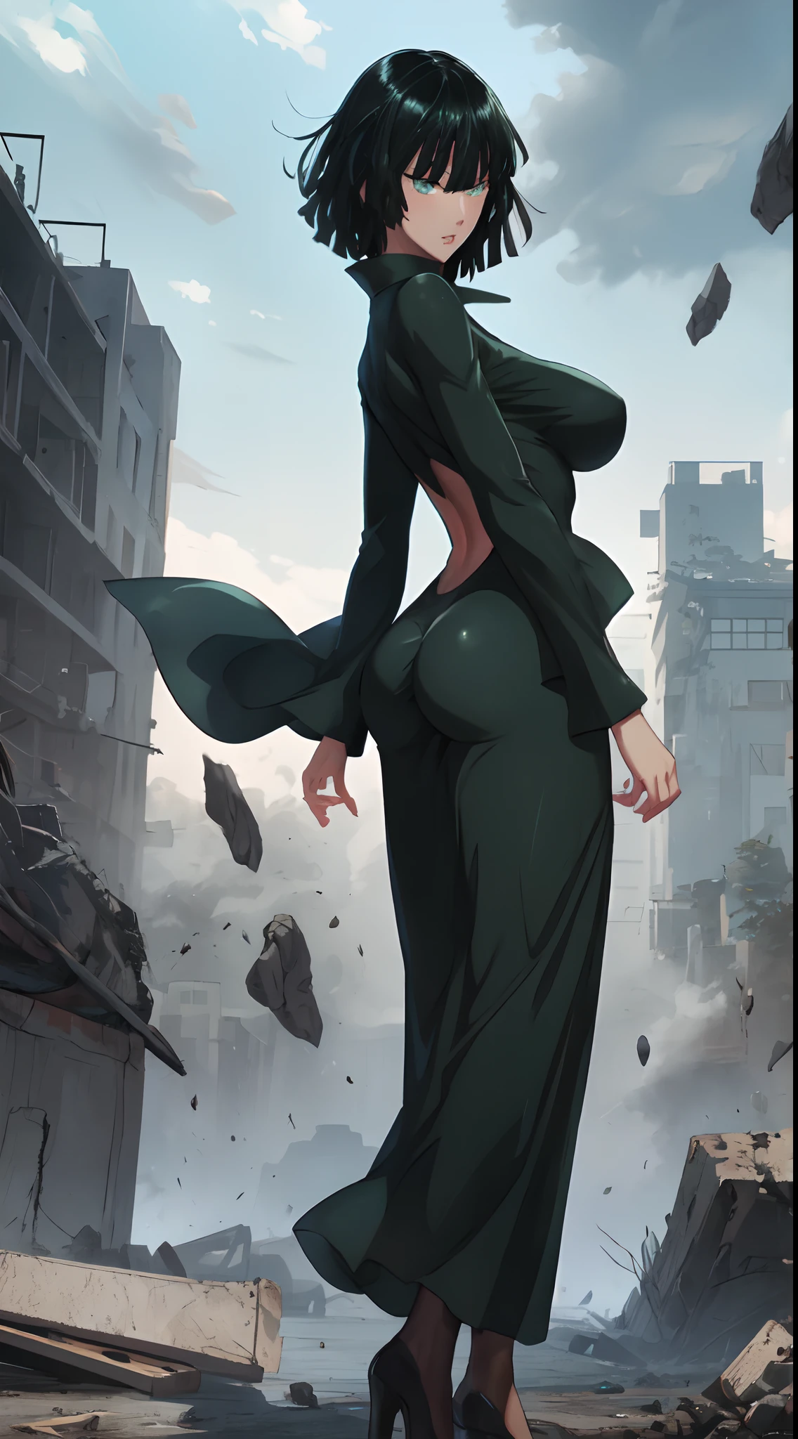 fubuki from one punch man, green eyes, short deep green hair, wearing dark green form-fitting V-neck dress, standing on a destroyed city, cinematic shadow, cinematic fog, blushing, joyful expression, dynamic pose, big breast, big hips, full body view, back body view, heels,