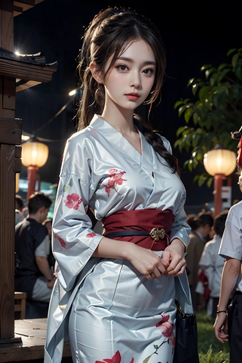 电影灯光，(((tmasterpiece))), ((best qualtiy)), ((intricate and detailed)), ((Ultra-realistic realism)), 4K,1beautiful woman, 25-years old, poneyTail,Ultra-fine yukata,beautiful countenance,Beautiful brown eyes,face perfect,A slender,large full breasts,having a good time, Large fishbowl , Swirling flocks of goldfish, Floating goldfish, Graphic illustration, see fishes swimming,A lot of goldfish, amazing depth, Cutest, Lots of fish balls,Goldfish scooping at a summer festival, (The background is the summer festival of the shrine:1.4), Silver hair, split ponytail, star-shaped pupils, conceptual art, Art Nouveau, Glowing light, nffsw, Textured skin, masutepiece, Anatomically correct, Best Quality, 8K