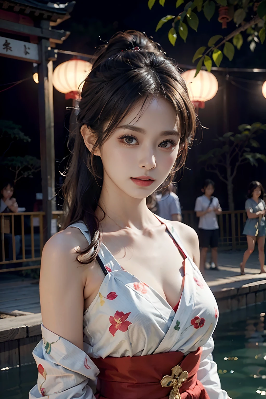 电影灯光,(((tmasterpiece))), ((best qualtiy)), ((intricate and detailed)), ((Ultra-realistic realism)), 4K,1beautiful woman, 25-years old, poneyTail,Ultra-fine yukata,beautiful countenance,Beautiful brown eyes,face perfect,A slender,large full breasts,having a good time, Large fishbowl , Swirling flocks of goldfish, Floating goldfish, Graphic illustration, see fishes swimming,A lot of goldfish, amazing depth, Cutest, Lots of fish balls,Goldfish scooping at a summer festival, (The background is the summer festival of the shrine:1.4), Silver hair, split ponytail, star-shaped pupils, conceptual art, Art Nouveau, Glowing light, nffsw, Textured skin, masutepiece, Anatomically correct, Best Quality, 8K