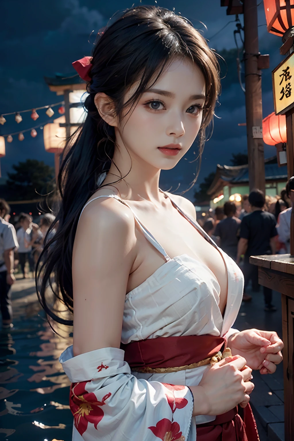 电影灯光,(((tmasterpiece))), ((best qualtiy)), ((intricate and detailed)), ((Ultra-realistic realism)), 4K,1beautiful woman, 25-years old, poneyTail,Ultra-fine yukata,beautiful countenance,Beautiful brown eyes,face perfect,A slender,large full breasts,having a good time, Large fishbowl , Swirling flocks of goldfish, Floating goldfish, Graphic illustration, see fishes swimming,A lot of goldfish, amazing depth, Cutest, Lots of fish balls,Goldfish scooping at a summer festival, (The background is the summer festival of the shrine:1.4), Silver hair, split ponytail, star-shaped pupils, conceptual art, Art Nouveau, Glowing light, nffsw, Textured skin, masutepiece, Anatomically correct, Best Quality, 8K