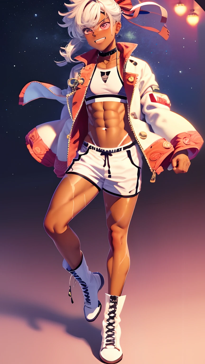 masterpiece, best quality,(( 1boy:1.1)), solo, ((Tan_Skin:1.2)),long_hair, from top, cheeky smile, Dynamic Sexy pose, panorama, perspective, looking_at_viewer, bangs, shorts, shirt, long white hair with rose pink streaks, ponytail, hair streaks, white _china dress with heart cutout, crop top, choker, black_Short, pink_eyes , pink_bow, white Boots, , full body, night Stage, Pop star, neon trim