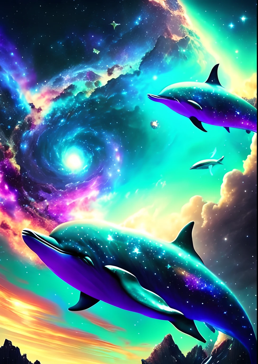 dreamlikeart, galaxy, outer space, nebula, star, [cyberpunked] Dolphins are from the stars... (star:1.5),
