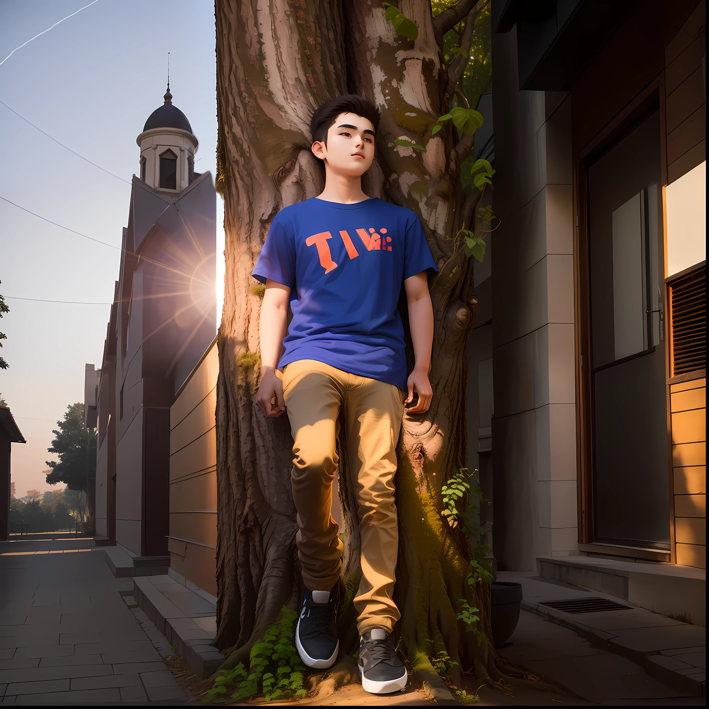 there is a 18 year old boy standing next to a tree with a t - shirt on, casual photography, chilling, with a tall tree, in tshirt, with a cool pose, photograpgy, scenary, with lovely look, full body photogenic shot, candid picture, at college, eyelevel!!! view!!! photography, full body picture, taken with the best dlsr camera