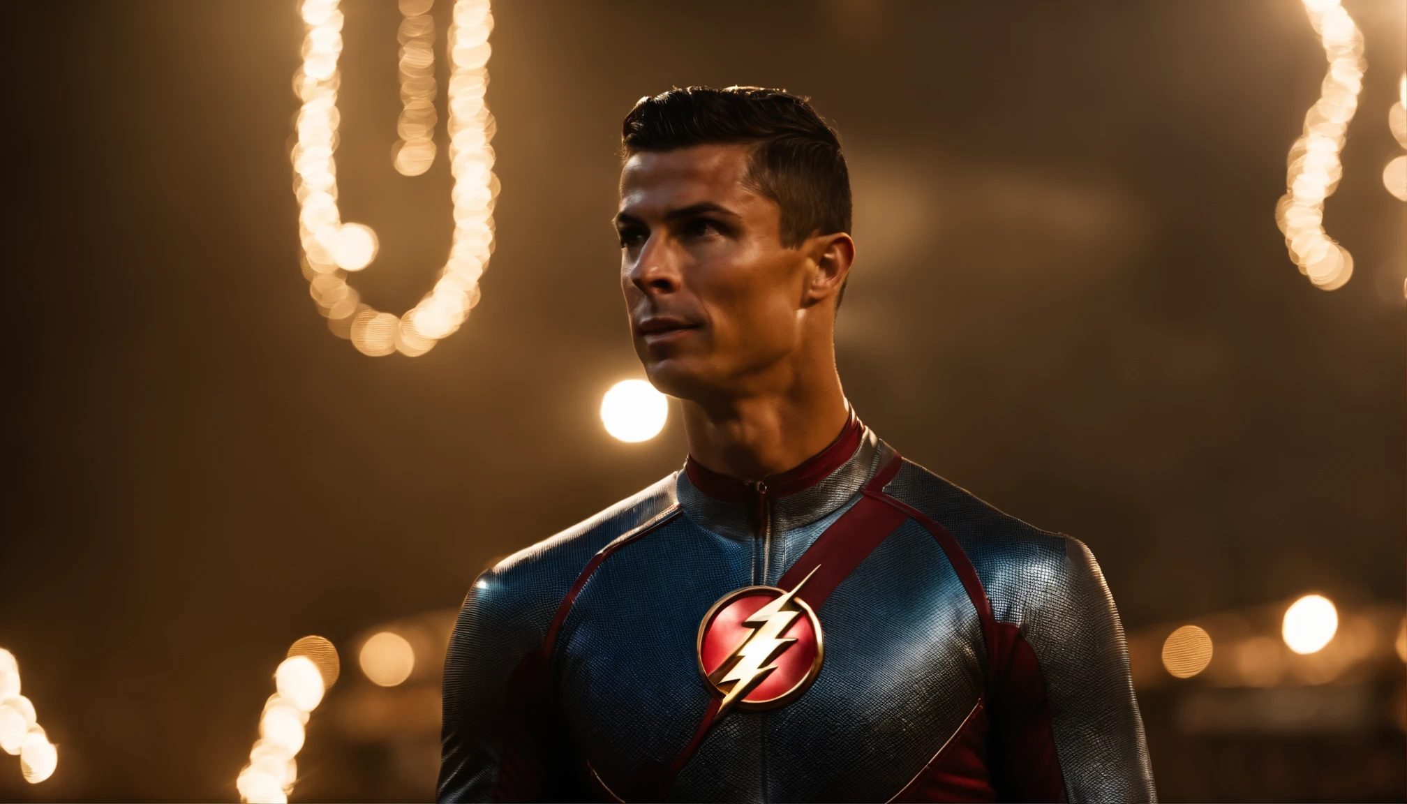 (masterpiece, intricately detailed, highest resolution, best quality:1.2), (doujin), a cocky Latino Instagram influencer,a 24 y.o muscle stud with a muscular physique sitting on a chair with black eyes,dark-skinned male, wearing a ((shazamsuit inspired costume)), (excessive cum), (cum on body), (cum drip), flaccid penis,saggy balls,hairy chest,vascular,muscle striations,soft light,fantastic realism,