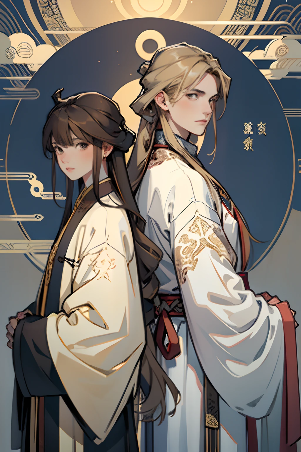 best quality, masterpiece, super detail, high details, golden ratio, one girl and one boy, two characters , long wavy blonde hair young man in midnight blue color clothes,long hair man, brown hair young woman in white clothes , brown eyes girl with bangs, back to back , calm expression, ancient china , flat background, Chinese pattern background