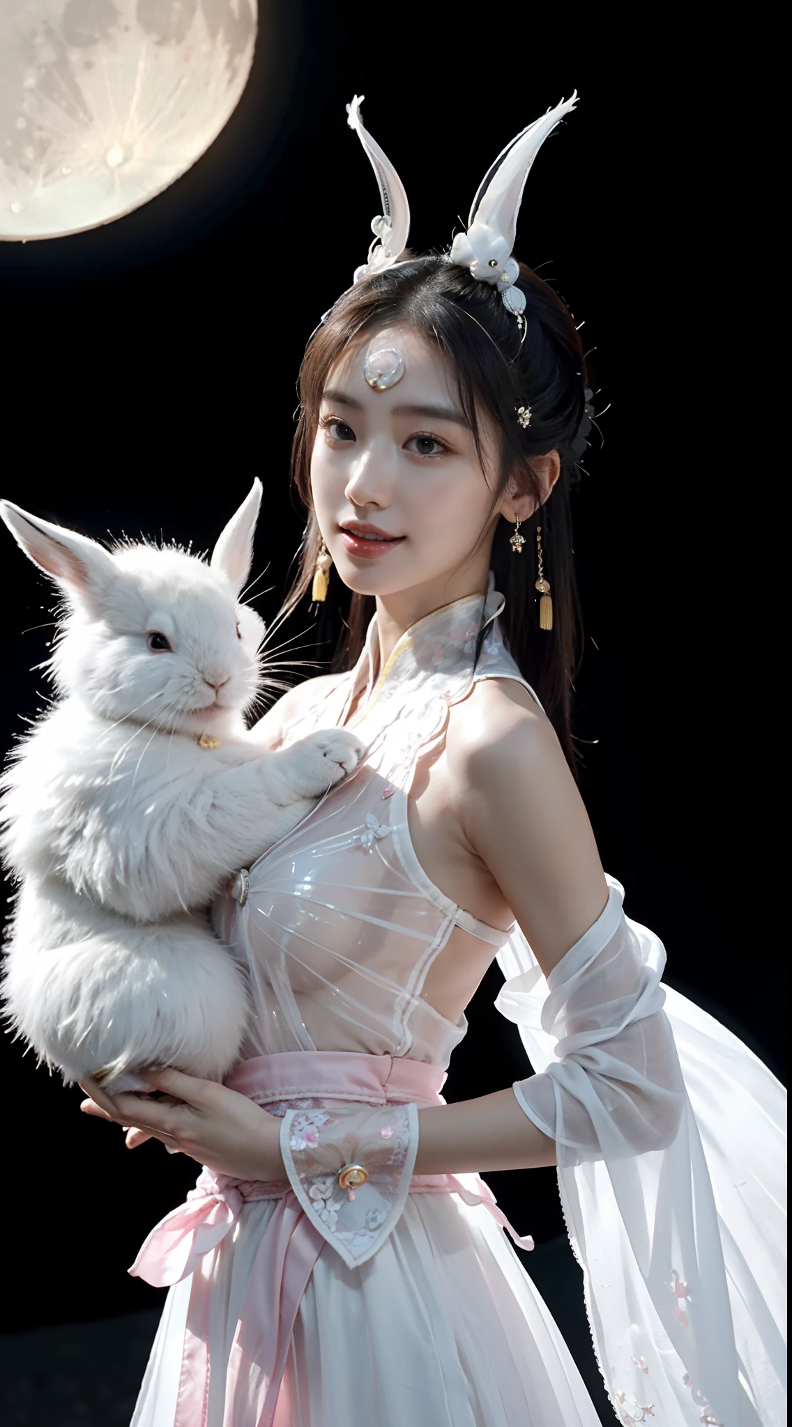 small head, (perfect bodies: 1.1), (short-length straight black short hair: 1.2), （极其细致的CG 8k壁纸），（Extremely refined and beautiful），（masterpiece），（best qualtiy：1.0），（超高分辨率：1.0），[A high resolution],a girl,(chang'e:1.5),fairy,cheerfulness，Smile，Smooth and flawless fair skin，ultra - detailed,(Small breasts:1.1),Flat chest,Slim,thin,(gorgeous white pink transparent princess gauze Hanfu:1.4),(Chinese ancient costume:1.3), (Pink belly pocket:1.3),jewels,Necklaces, earrings, rings, bracelets,（In the luxurious Chinese moon palace:1.3）,night sky,(A huge moon as the background:1.5),from front，(Close shot:1.3),cowboy shot,(upper body:1.5),bare shoulder,shoulder off,bare back,Charming collarbone,cleavage,navel,Slender legs, white stockings,（Hugging a white rabbit in arms:1.6）,(A detailed white rabbit:1.4)
