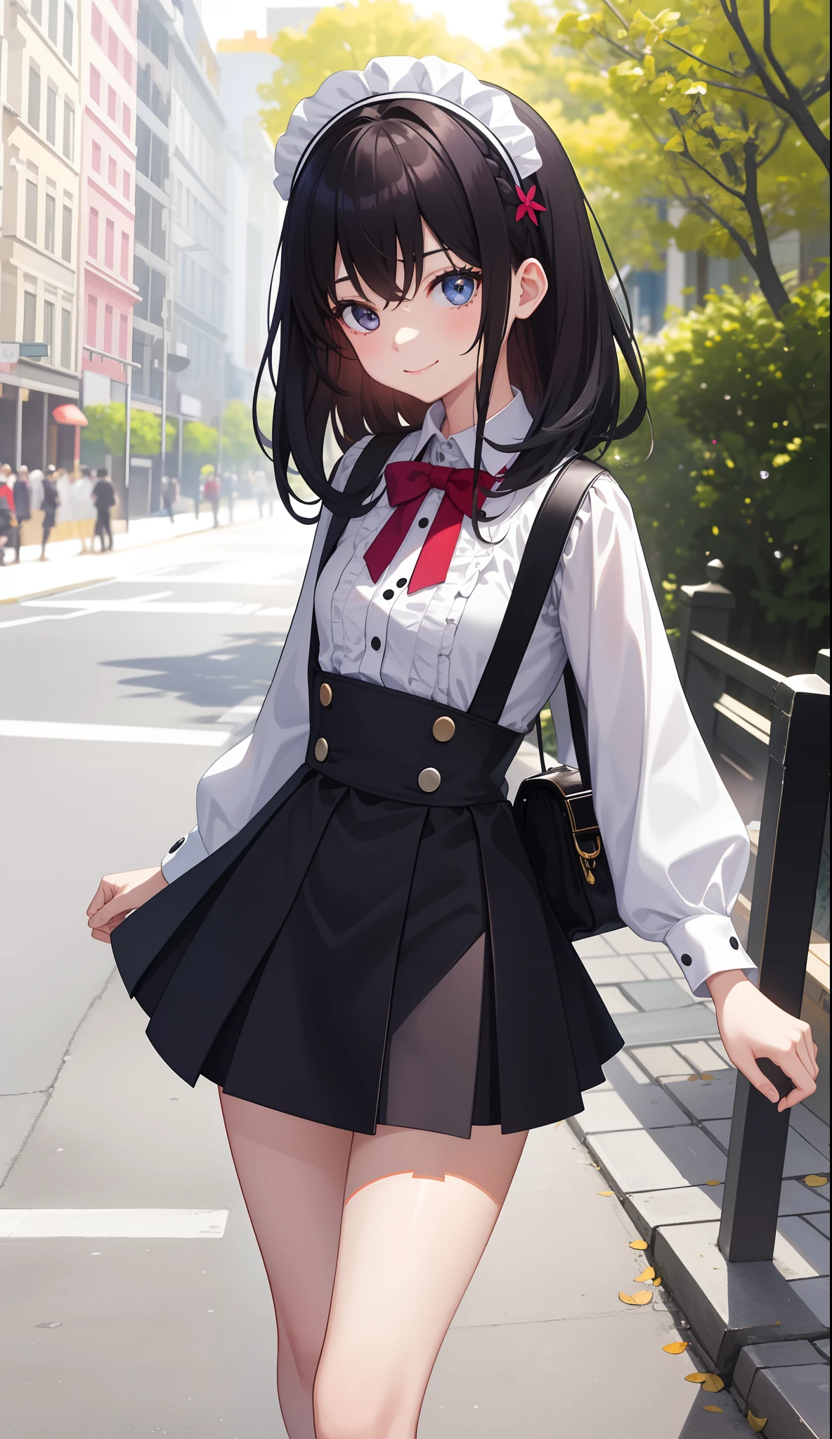 1girl in、AS-Adult、A smile、The shirt、Mini skirt、pantiy、(small tits)、doress、pinafore、Hair decoration、(Maid costume)、Walking with a thigh、Upper body portrait、
