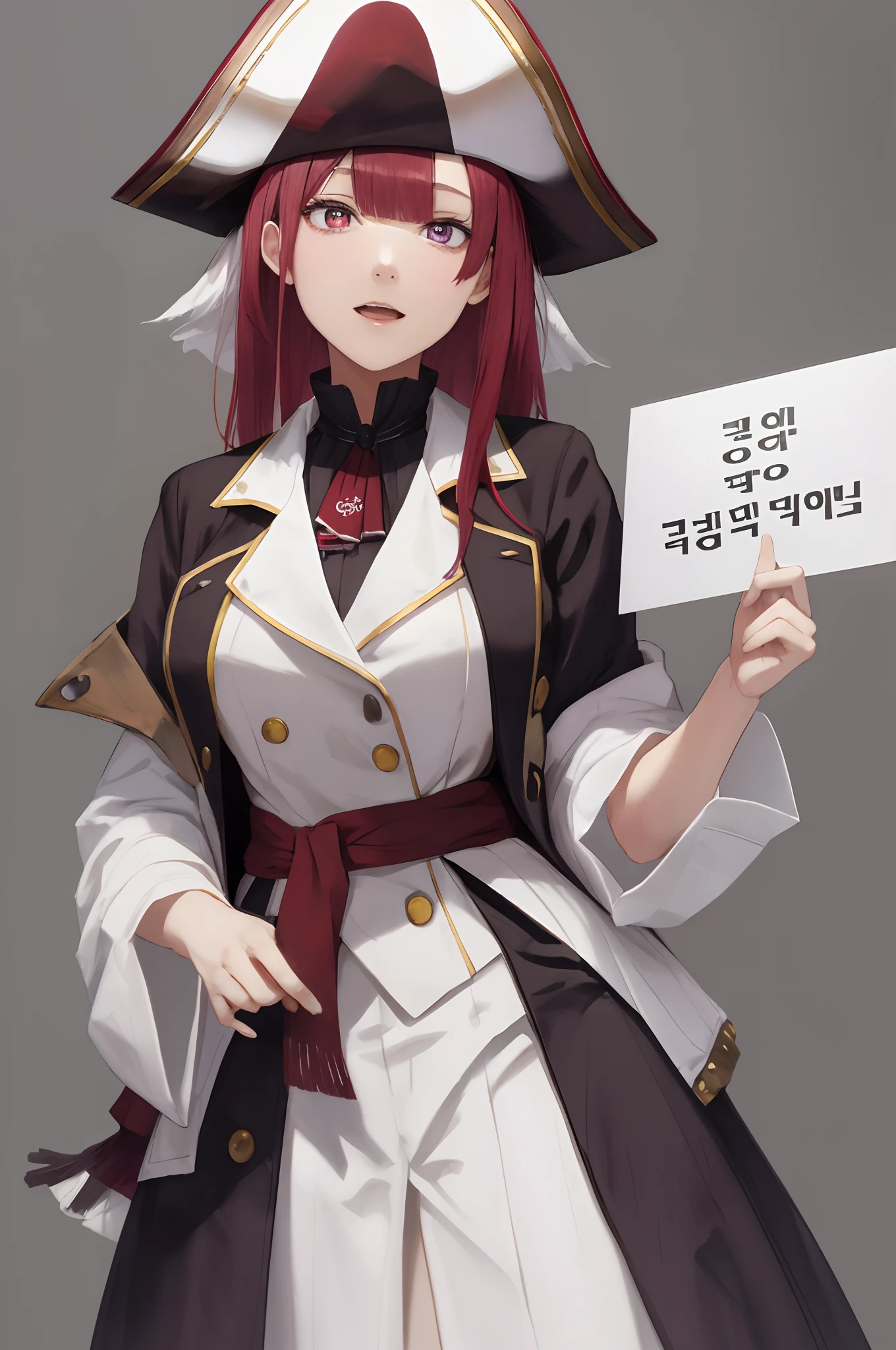 Holding a placard、Background white、Photorealsitic, hight resolution, 1 rapariga, Korea person, Heterochromia eyes, a purple eye、Blunt bangs、red hairs、1girl in, masutepiece,  Best Quality,  High quality, Marine, a pirate, Pirate Hat,