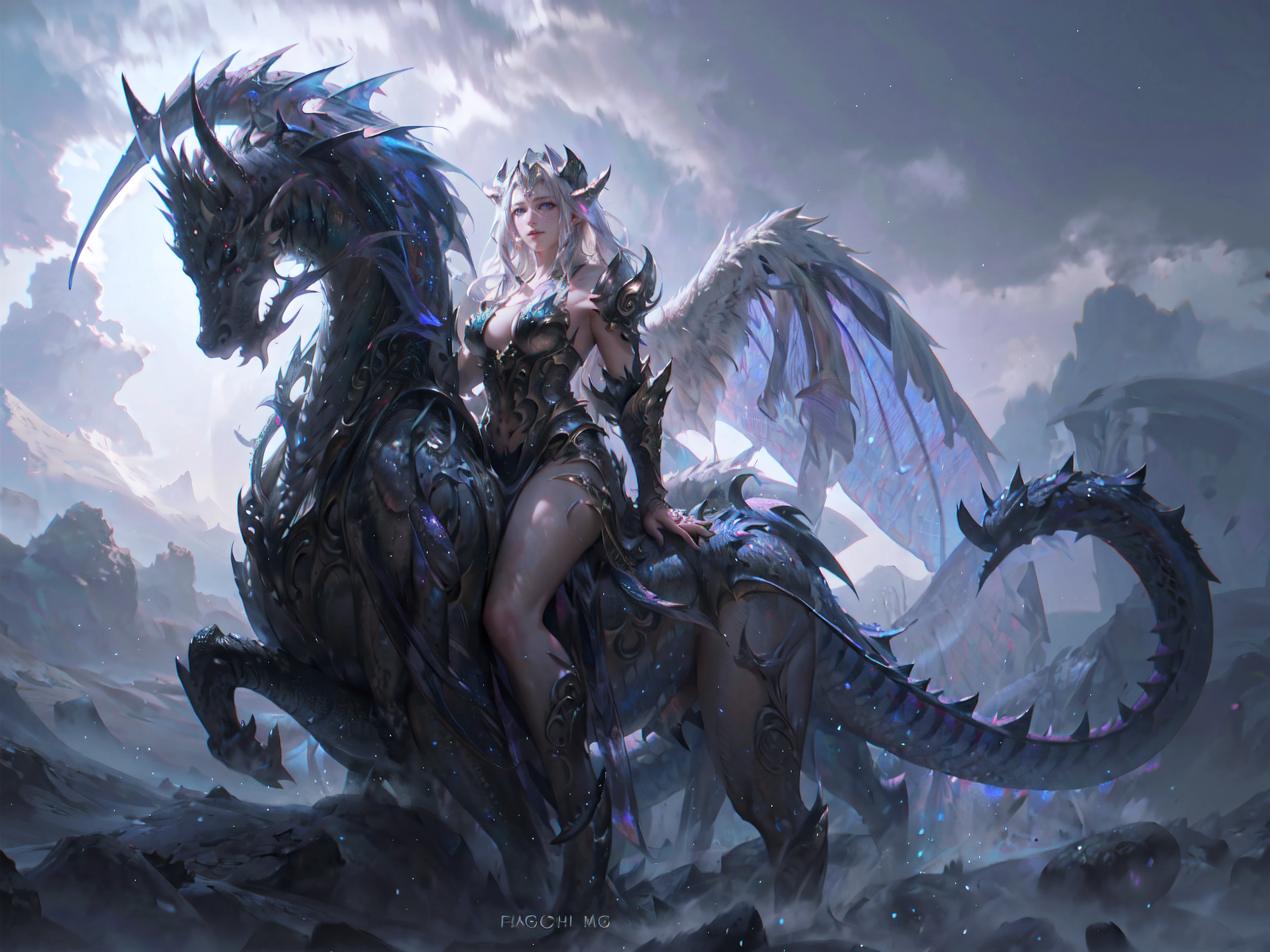 dragon girl, glowing scales, majestic wings, flowing mane, ethereal background, mystical atmosphere, colorfu, intricate patterns, atmosphere, ultra high res, (photorealistic:1.4), raw photo,16K,dramatic lighting,