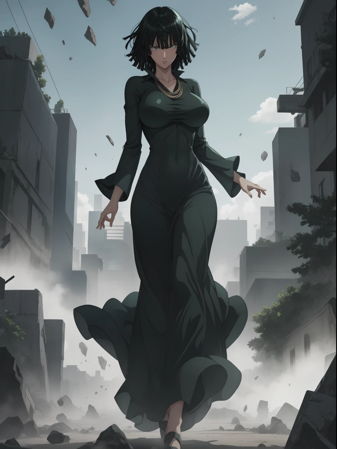 fubuki from one punch man, green eyes, short deep green hair, wearing dark green form-fitting V-neck dress, standing on a destroyed city, cinematic shadow, cinematic fog, blushing, joyful expression, dynamic pose, big breast, big hips, full body view, back body view, heels,