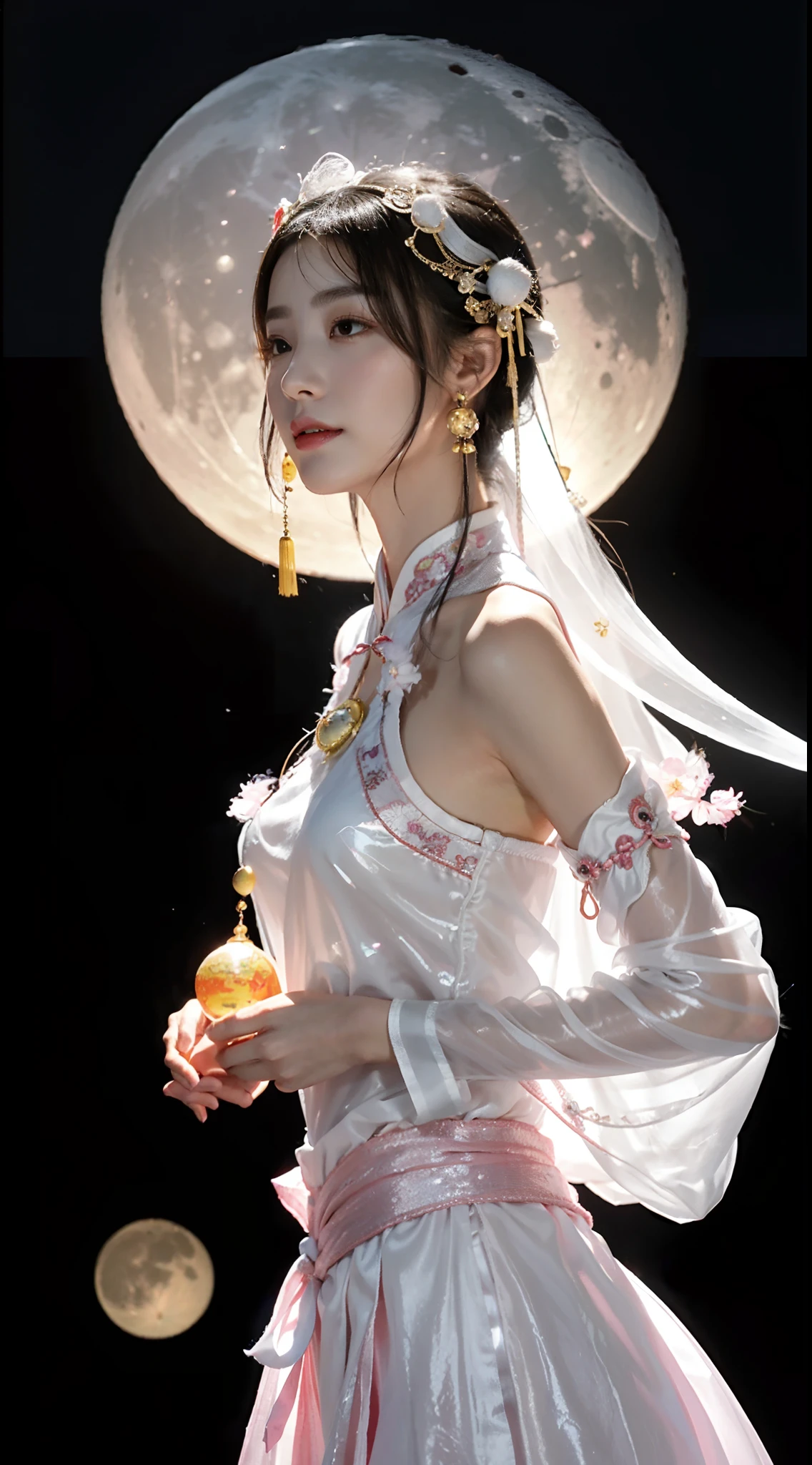 small head, (perfect bodies: 1.1), (short-length straight black short hair: 1.2), （极其细致的CG 8k壁纸），（Extremely refined and beautiful），（masterpiece），（best qualtiy：1.0），（超高分辨率：1.0），[A high resolution],a girl,(chang'e:1.5),fairy,cheerfulness，Smile，Smooth and flawless fair skin，ultra - detailed,(Small breasts:1.1),Flat chest,Slim,thin,(gorgeous white pink transparent princess gauze Hanfu:1.4),(Chinese ancient costume:1.3), (Pink belly pocket:1.3),jewels,Necklaces, earrings, rings, bracelets,（In the luxurious Chinese moon palace:1.3）,night sky,(A huge moon as the background:1.5),from front，(Close shot:1.3),cowboy shot,(upper body:1.5),bare shoulder,shoulder off,bare back,Charming collarbone,cleavage,navel,Slender legs, white stockings,（Hugging a white rabbit in arms:1.6）,(A detailed white rabbit:1.4)
