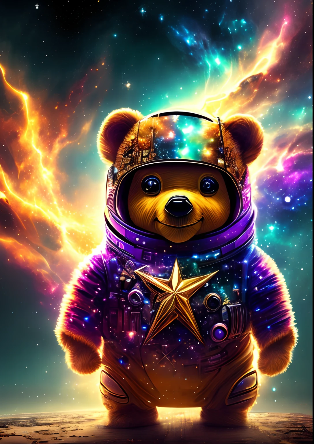 dreamlikeart, galaxy, outer space, nebula, star, [cyberpunked] Pooh from the stars.. (star:1.5),
