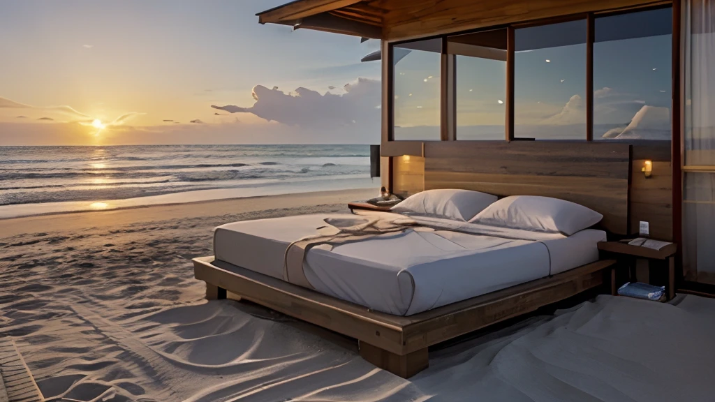 Generate a high-resolution, photorealistic image featuring a conventional bed placed incongruously on a tranquil beach at sunset. The beach should have gentle waves meeting the shore, with the sun casting a warm, golden glow across the scene. The bed should appear comfortable and familiar, like those found in bedrooms, but is placed on the beach in a way that doesn't naturally belong. The image should capture the striking fusion between the cozy indoor bedroom atmosphere and the picturesque outdoor beach setting, evoking a sense of relaxation and wonder in the face of the unusual scene.