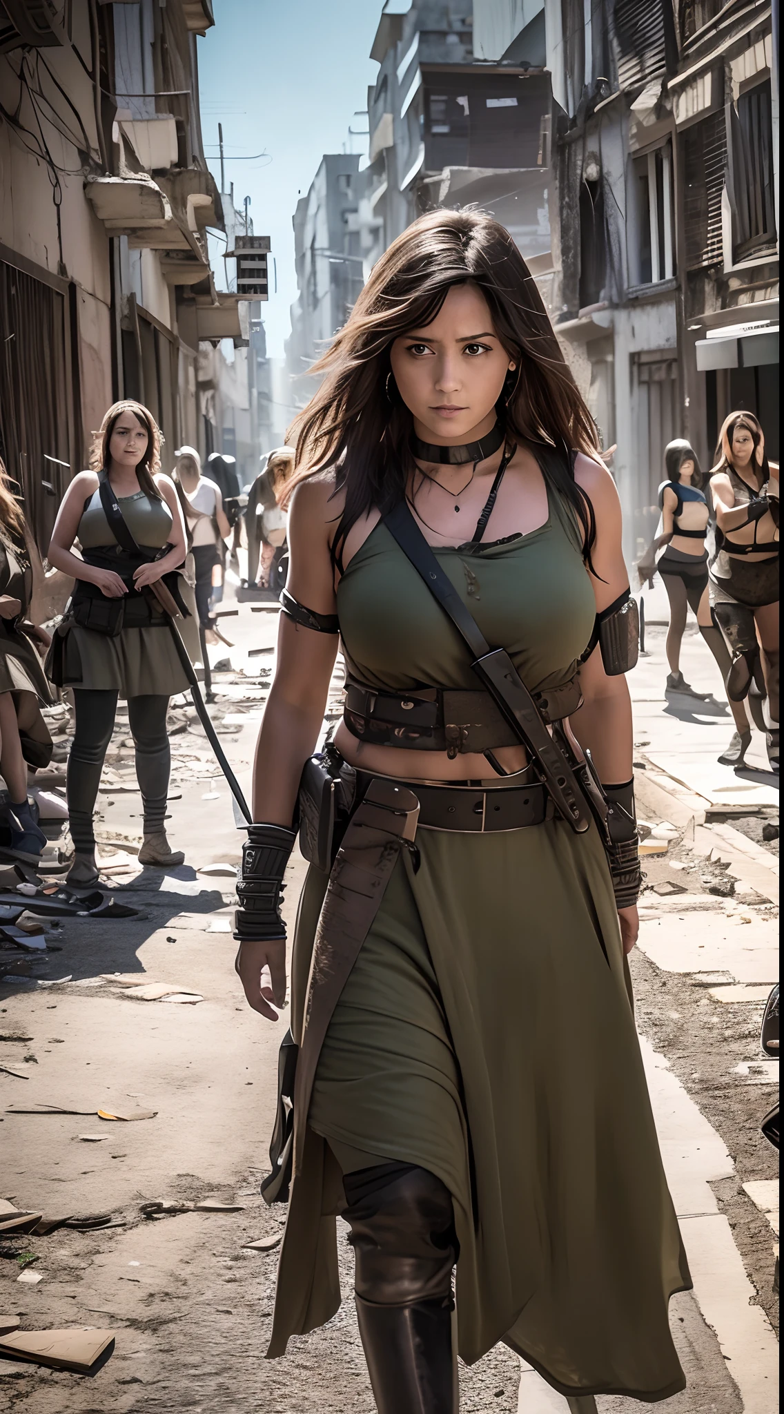 A large group of female warriors in the abandoned streets of the city during the war