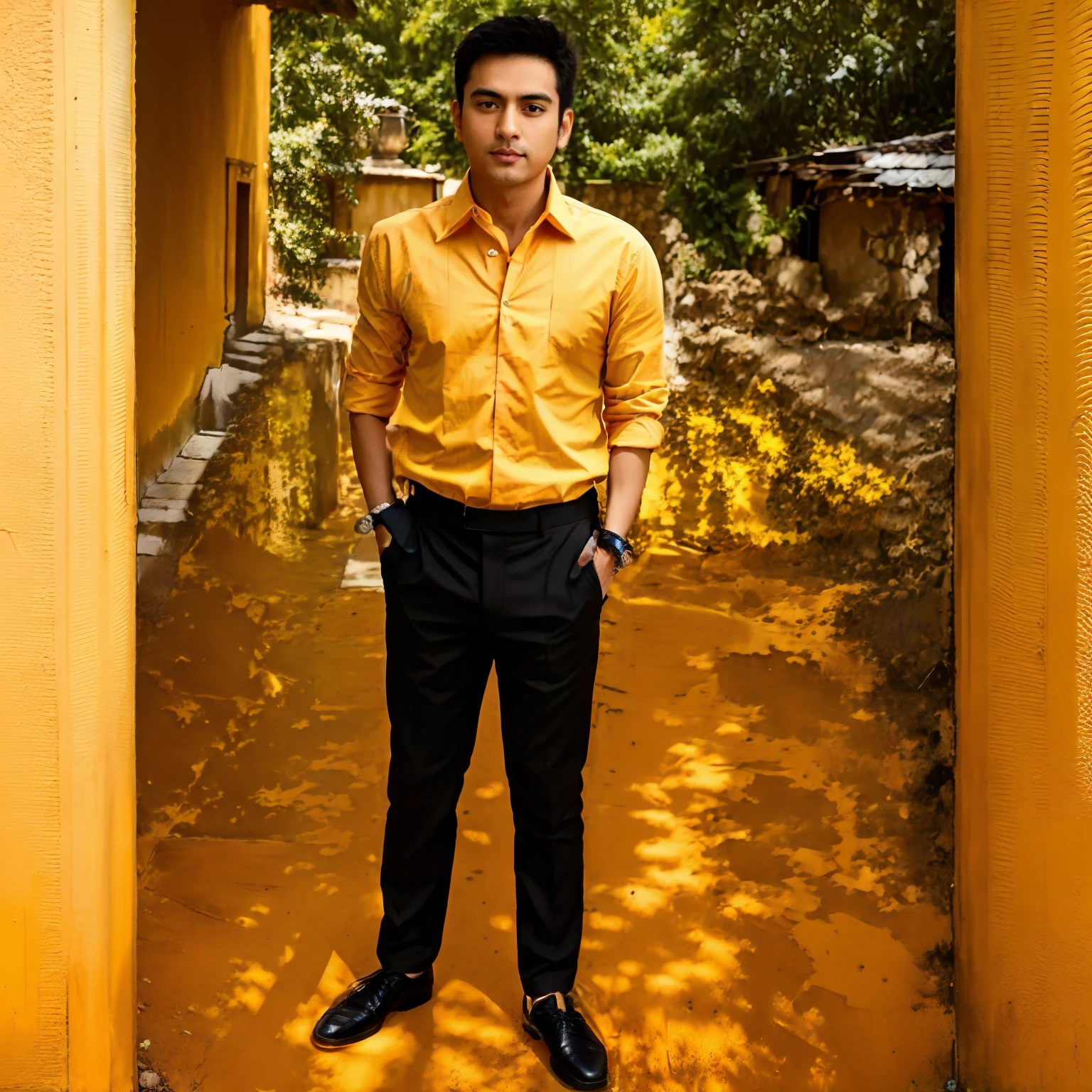 there is a man standing in a driveway wearing a yellow shirt, reddit post, orange and black, inspired by Saurabh Jethani, formal attire, full body picture, * colour splash *, full body photogenic shot, stylish pose, handsome man, by Byron Galvez, !! low contrast!!, in the style of sifu 🔥 😎 🕹️ 👀 :2