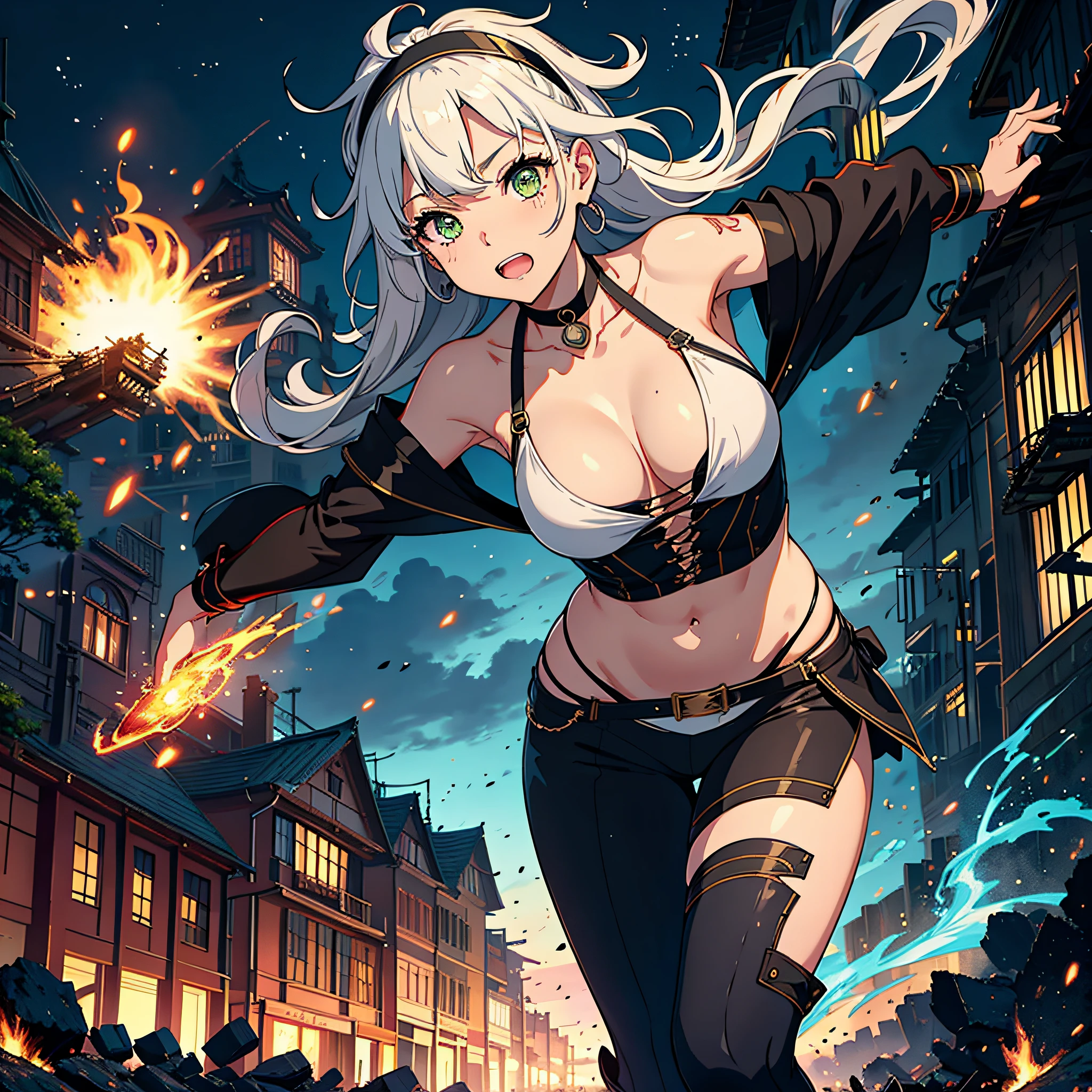 (top-quality、hight resolution、8k、masterpiece:1.2)。Curvaceous but slender、Muchimuchi Body、Grinning Female Wizard、Vandalizing buildings in a battered ancient city。Featuring double teeth, she wields magical powers.。With magic emitted from the right hand、Buildings and roads、Bolides、Next Bridge々and have collapsed、Scattered with burning debris。Rubble and pebbles float up、A yellow aura covers her entire body。Although its power is overwhelming、At the same time it is in harmony with beauty。Draw the moment she is destroying the building with magic。Half-taken off hoodie、accessorized、mole、Eyebrows、double tooth、canine teeth、poneyTail、Muscular nose、Clear detailed blue eyes、Blue-haired、red blush、The long-haired、a choker、Fleshy lips、Physical beauty、well-muscled、Raise bangs in a headband、Oforehead、Mysterious fashion、Street Fashion、Anime style、animesque、The scene of the great fire、Oversized trousers、unreal、Depiction in motion、Fashion in white and blue tones、Vandalism、insurrection、karo、Decaying buildings、the fire、Fire incident、tornado、Must-win poses、Backgrounds with depth、Equipped with a Japan sword on the back、Equipped with Japan swords at the side waist、Flame Magic、Wizard Equipment、Light equipment、a necklace、Bracelets、Misanga、arm band、Tattoo on the shoulder、espadrilles、thunder、Roaring thunder、lightning bolt、tornado、colorful backdrop、Thunder in the hand、Light and Wall Co-star、Little green-eyed black cat supporting magic attack overhead