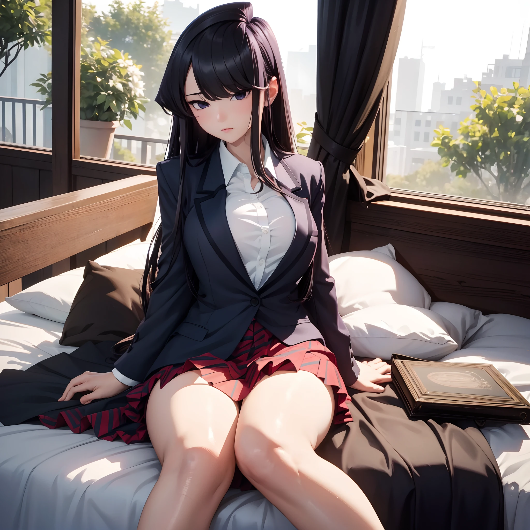 Masterpiece, best quality, highres, highly detailed, 1 girl, long hair, black hair, lavender eyes, large breast, dark blue blazer, unbottened white shirt, black bra, red skirt, black stocking, outdoor, sitting in edge of bed,