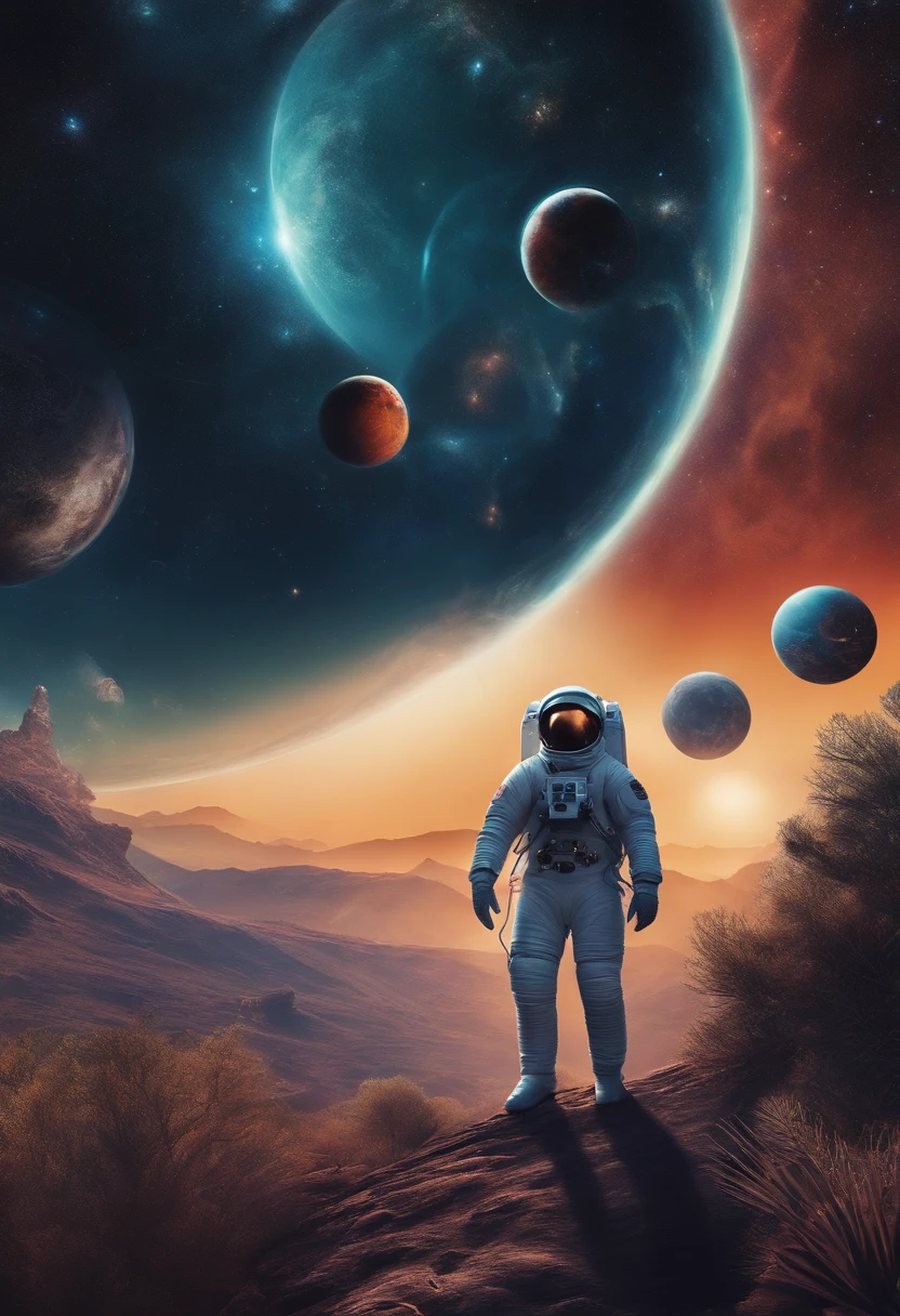HD details, close-up of a man in a spacesuit, planets in background, psychedelic cosmic horror, psychedelic illustration, outer space, plant growth, psychotic universe, background space graphic art, cosmic illustration, outer space, cosmic LSD poster art, dmt space behind, space scene, surreal space, cosmic style